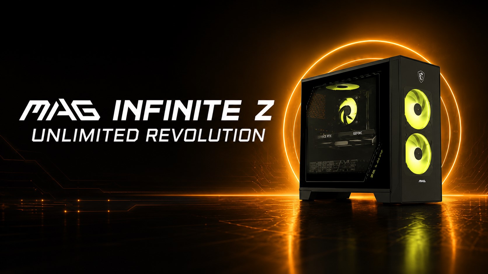 A black MSI MAG Infinite Z PC with glowing yellow fans is displayed next to the text 'MAG Infinite Z Unlimited Revolution.'