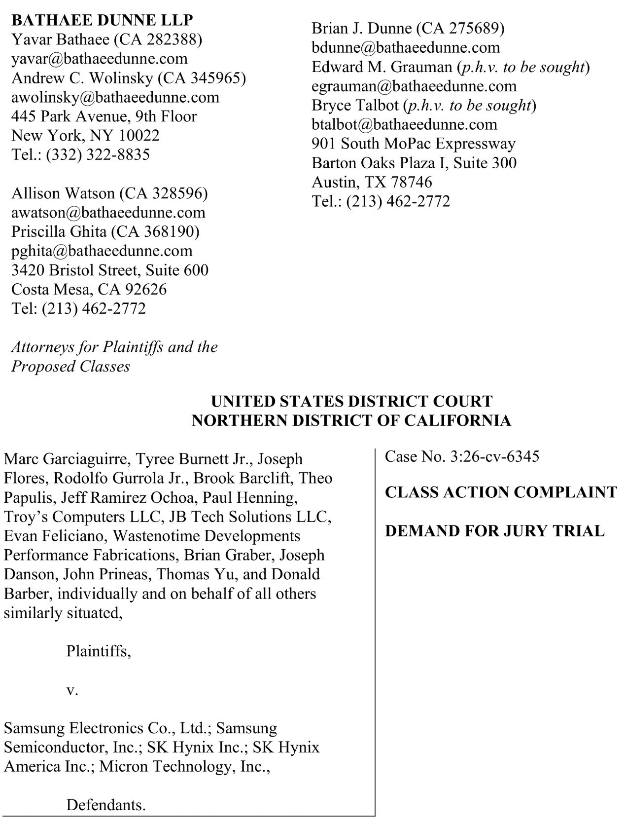 A document lists Bathaee Dunne LLP attorneys and their contact information, detailing a class action complaint filed in the United States District Court, Northern District of California, against Samsung Electronics and other tech companies, with