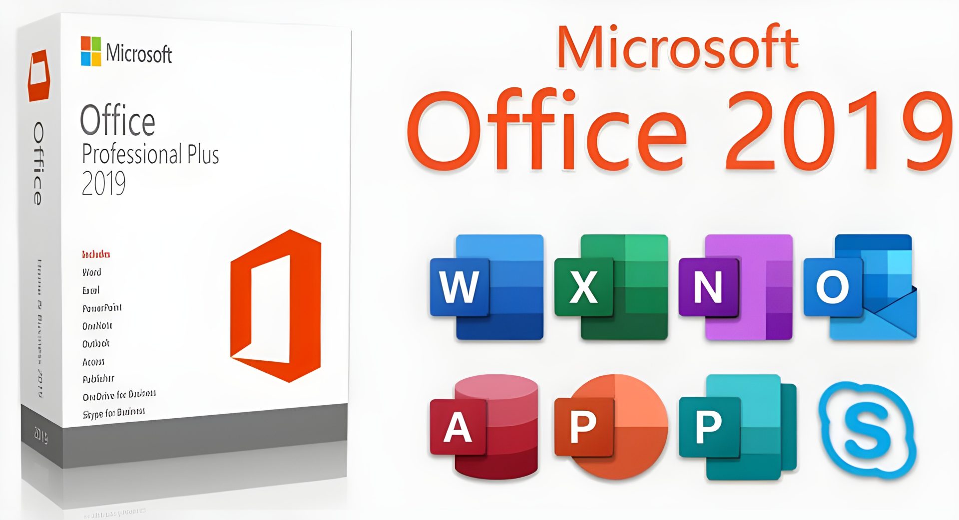 The image features a box of 'Microsoft Office Professional Plus 2019' alongside icons for Word, Excel, OneNote, Outlook, Access, Publisher, OneDrive for Business, and Skype for Business.