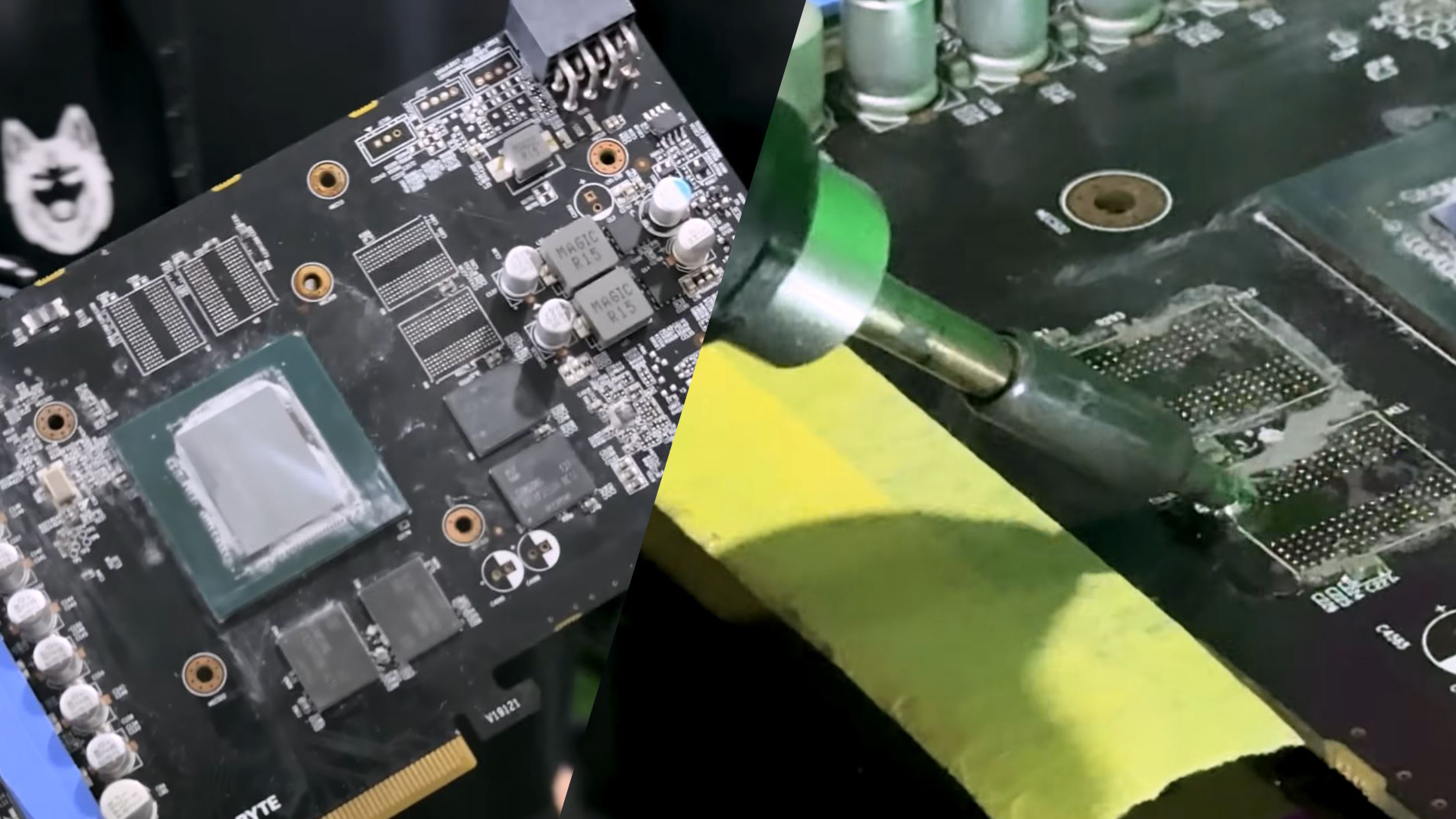 A close-up of a disassembled graphics card showing a 'Gigabyte' logo and a soldering tool working on the circuit board.