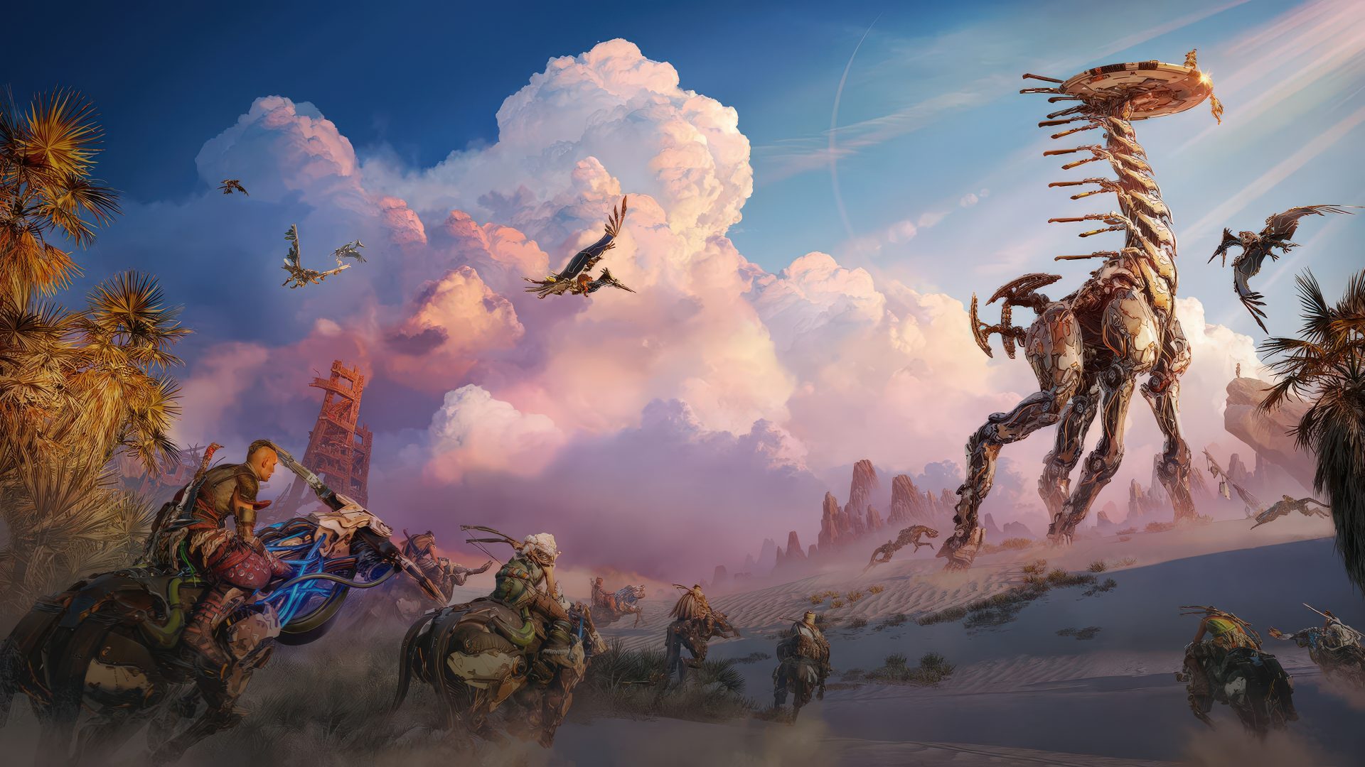 Characters from Horizon Steel Frontiers riding on robotic creatures in a desert landscape with a towering mechanical beast and flying machines.