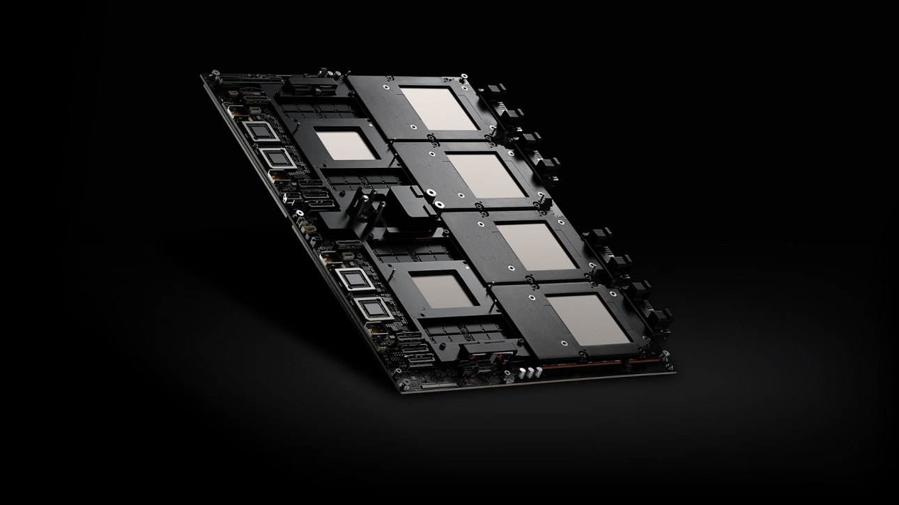 A close-up view of an NVIDIA circuit board featuring multiple processing units, mounted on a dark background.