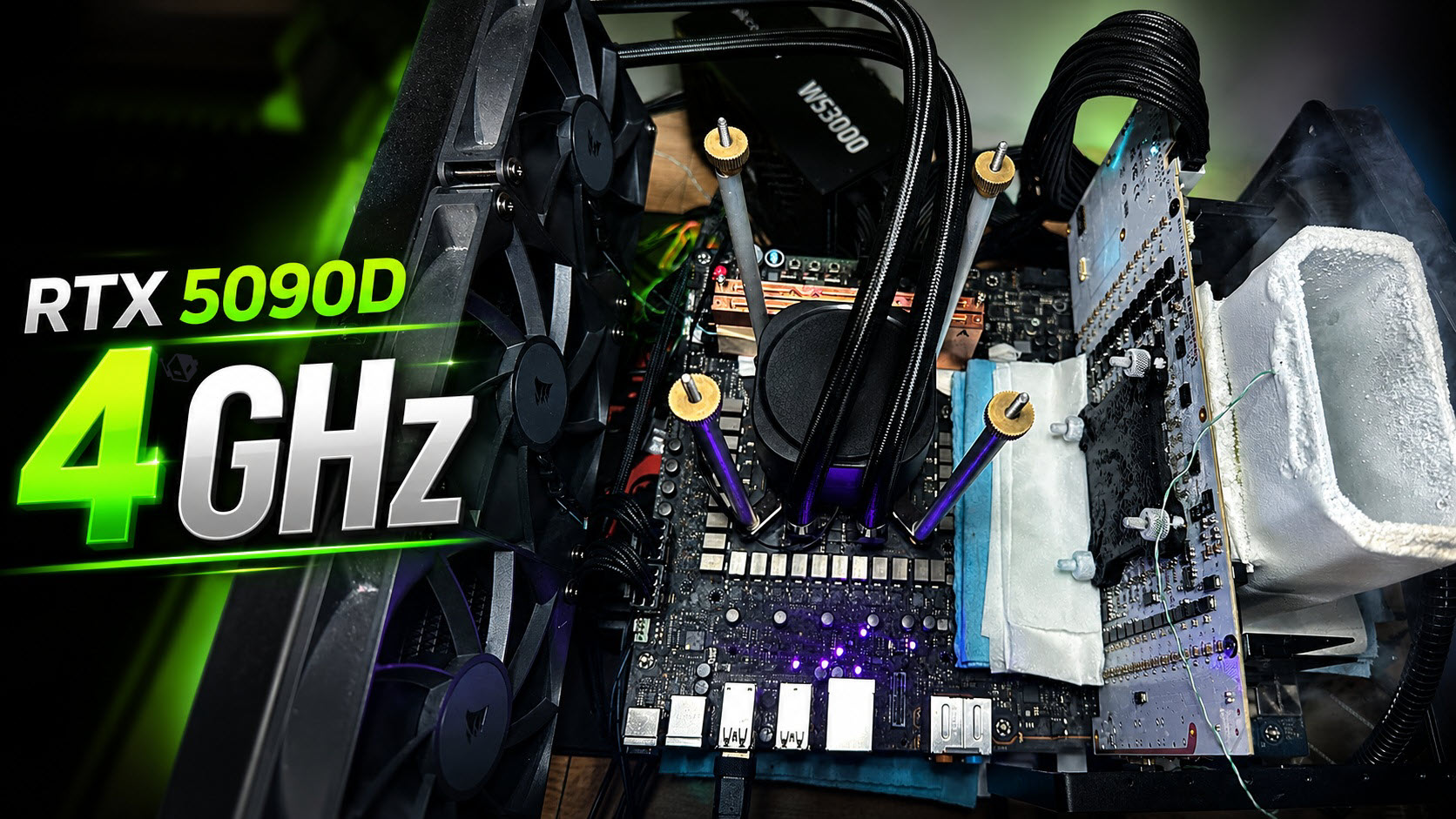 The image shows an overclocked test setup featuring an NVIDIA RTX 5090D graphics card with visible text '4 GHz' and a Corsair cooling system.