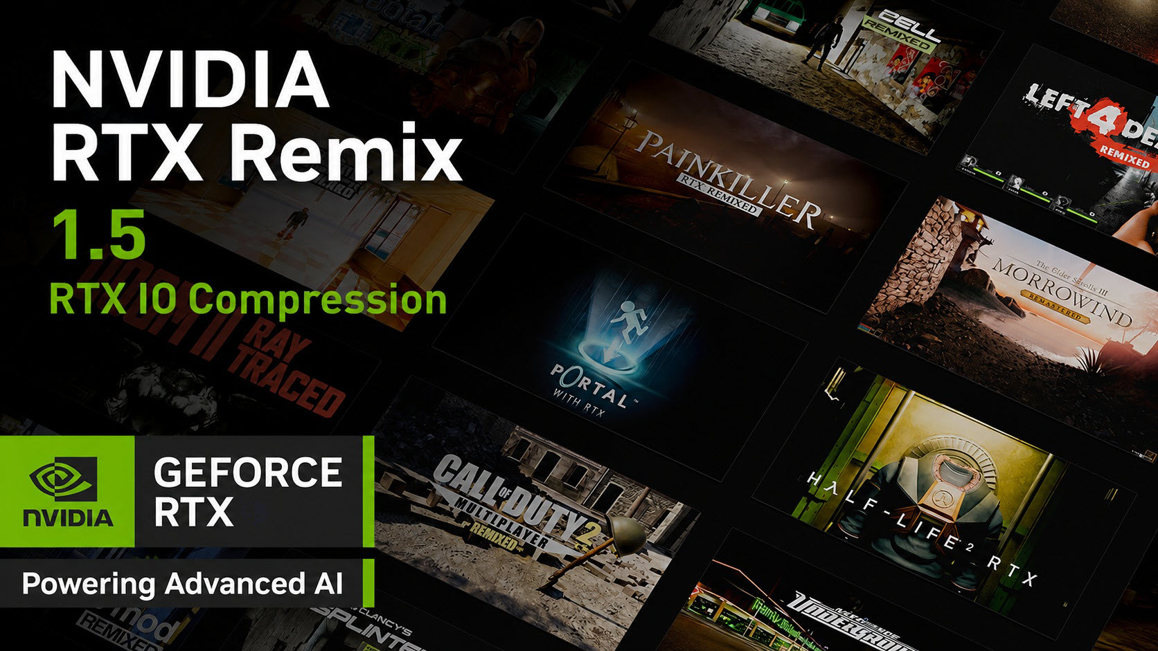 A collage showcasing various games like 'Portal with RTX' and 'Painkiller RTX Remixed,' featuring the text 'NVIDIA RTX Remix 1.5 RTX IO Compression' alongside the NVIDIA and GEFORCE RTX logos, with the tagline 'Powering Advanced AI.'