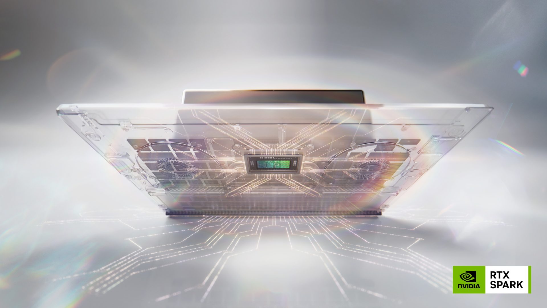 A close-up image of the Nvidia RTX Spark graphics card, showcasing its transparent design and internal components with the Nvidia logo and 'RTX Spark' text in the bottom right corner.