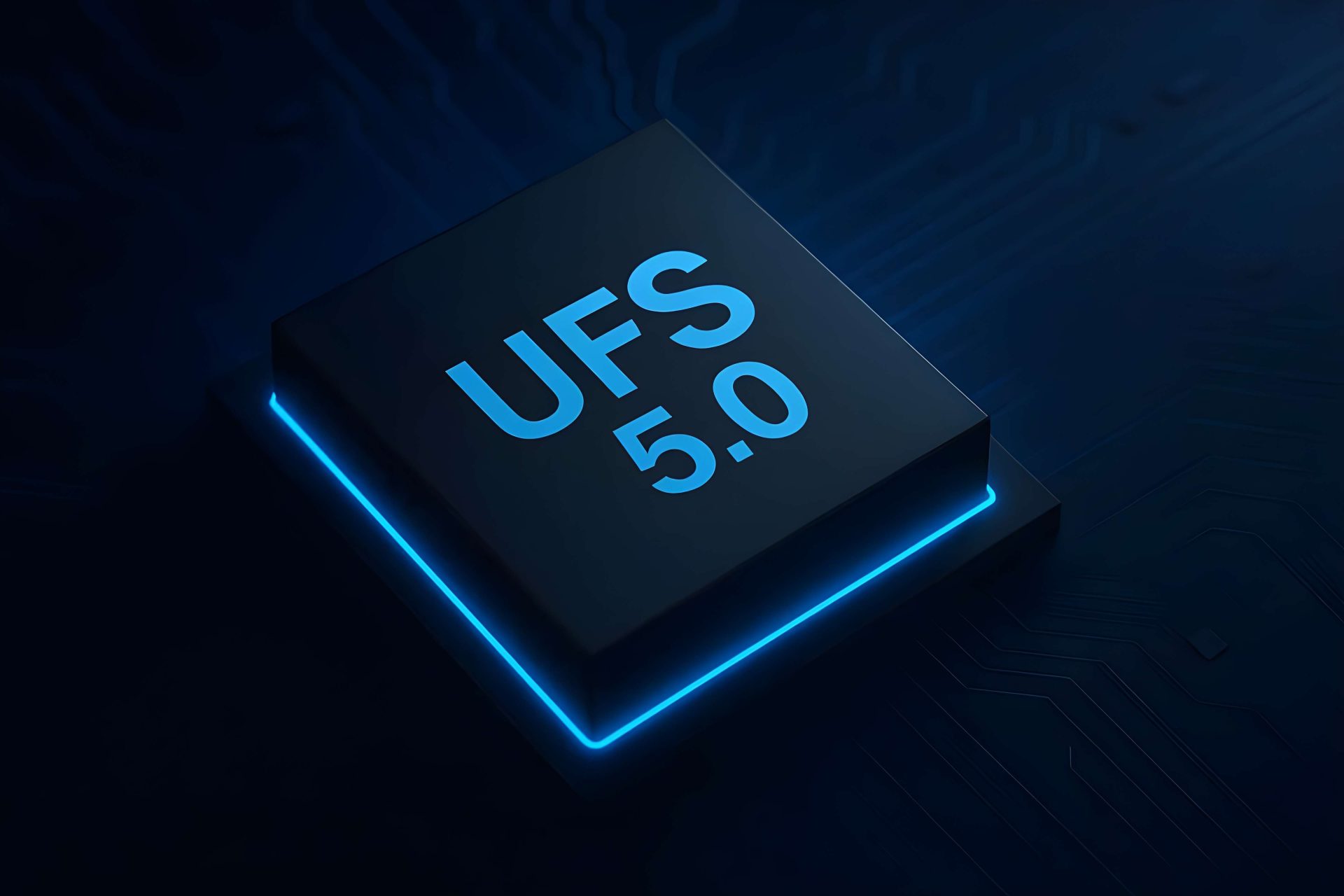 A close-up of a chip labeled 'UFS 5.0' with a glowing blue edge.