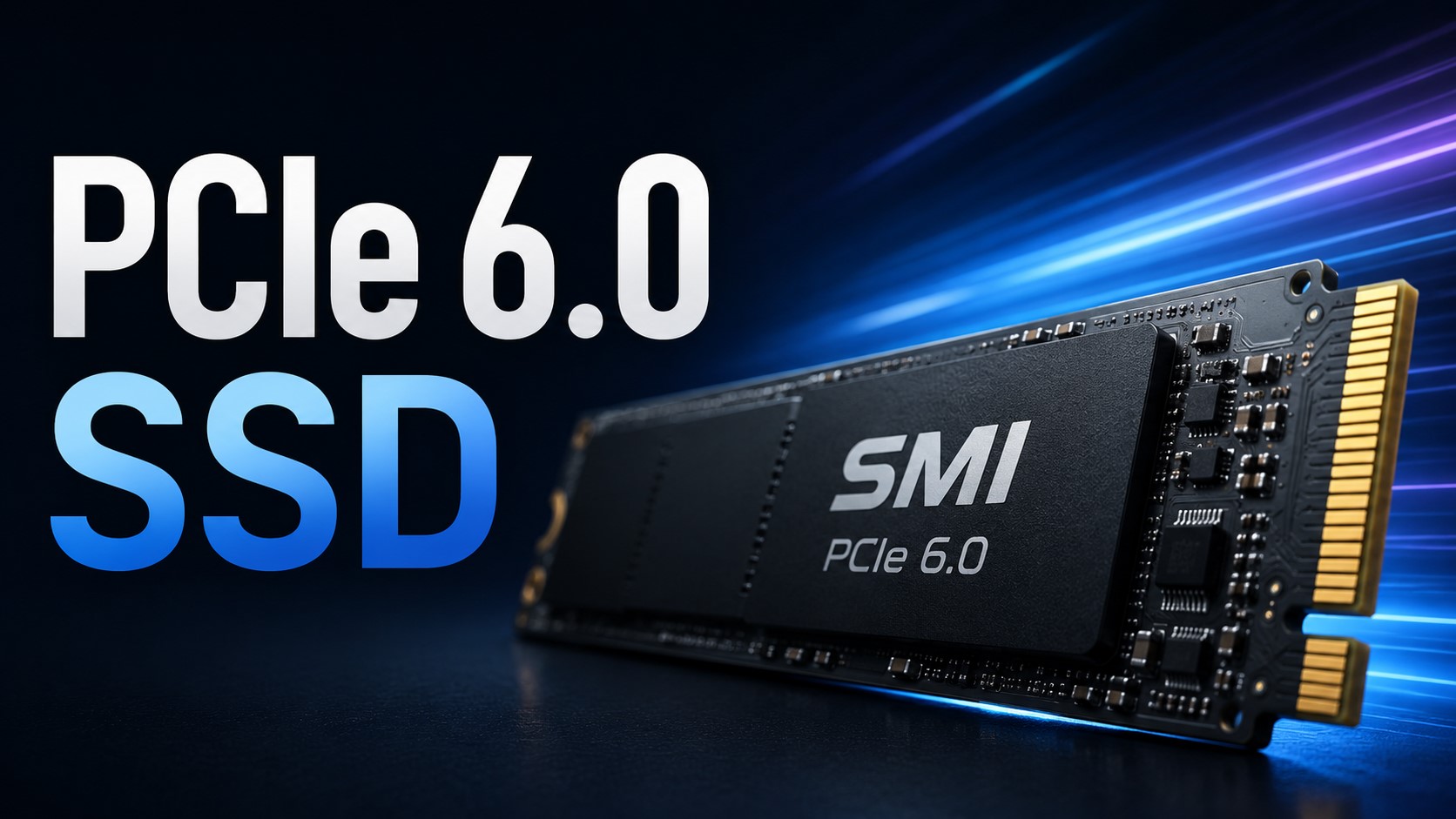An SMI PCIe 6.0 SSD is shown with the text 'PCIe 6.0 SSD' alongside, set against a dynamic blue gradient background.