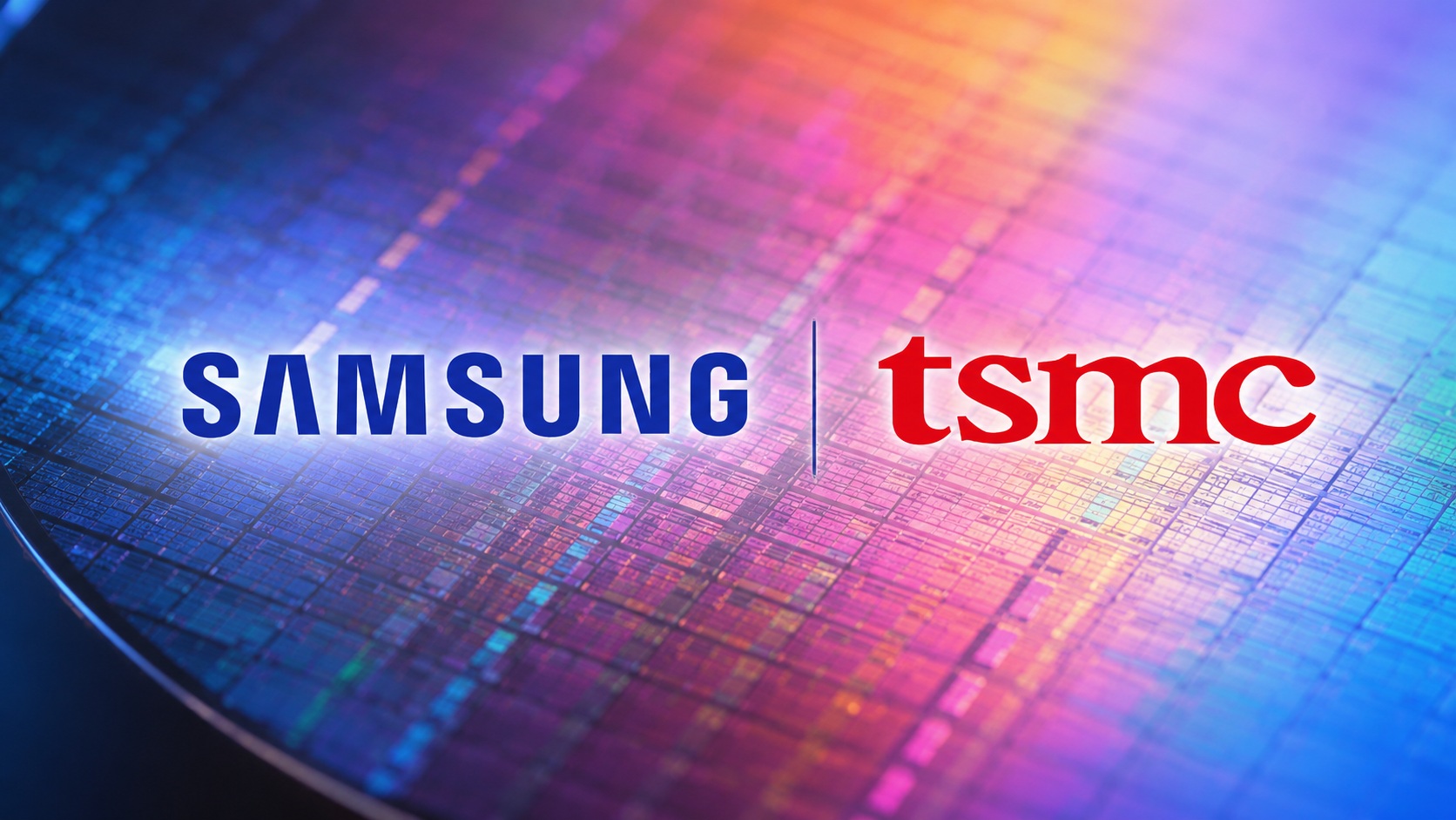 Logos of 'Samsung' and 'tsmc' over a colorful semiconductor wafer background.