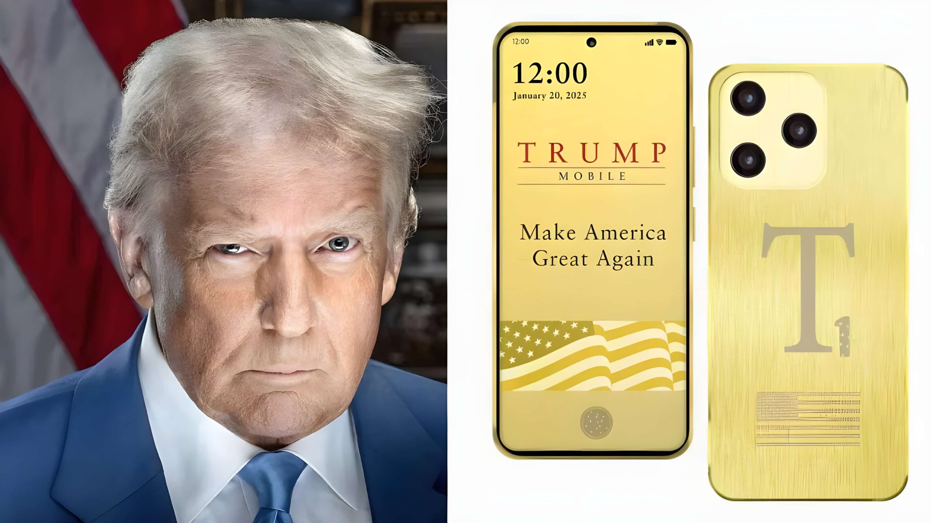 A person in front of a flag is shown next to a gold smartphone branded 'TRUMP MOBILE' with the message 'Make America Great Again' and the date 'January 20, 2025' displayed on the screen.