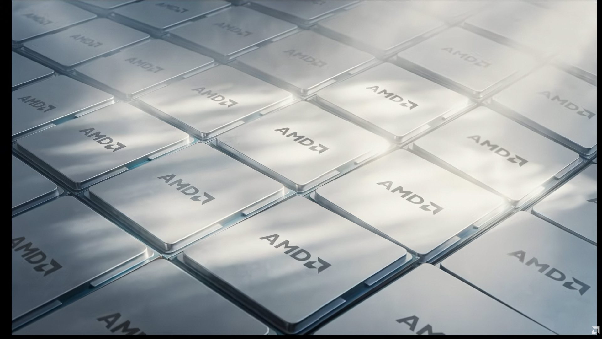 A series of AMD-branded processors are arranged in a grid pattern, each chip displaying the AMD logo.