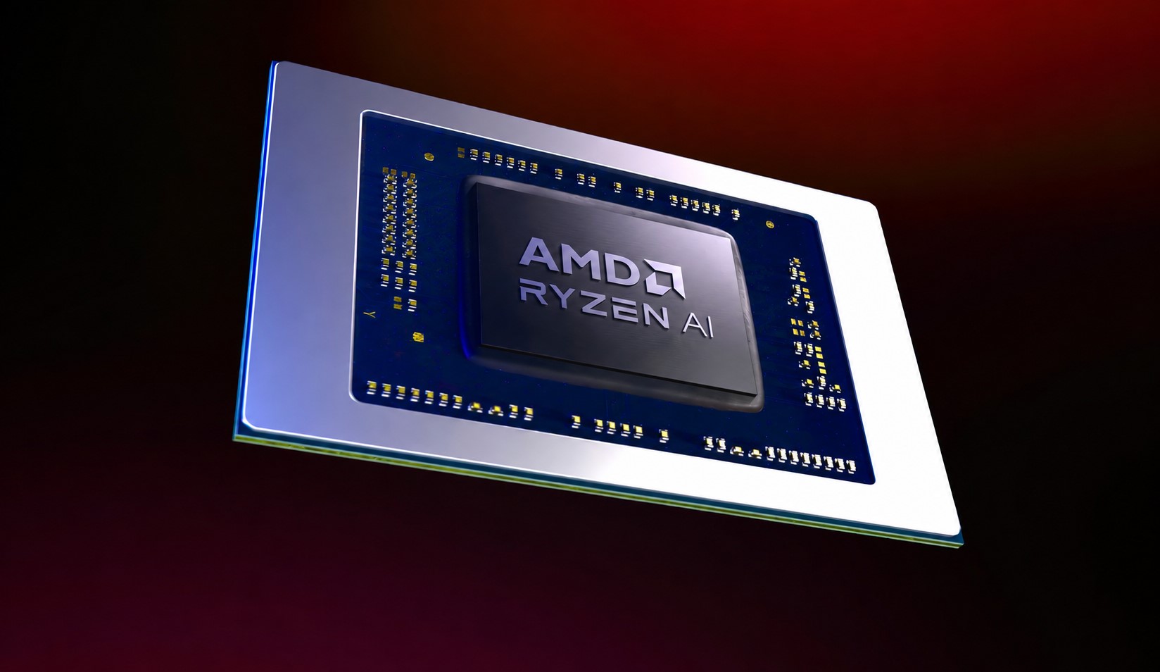 Close-up of an AMD Ryzen AI chip against a red gradient background.