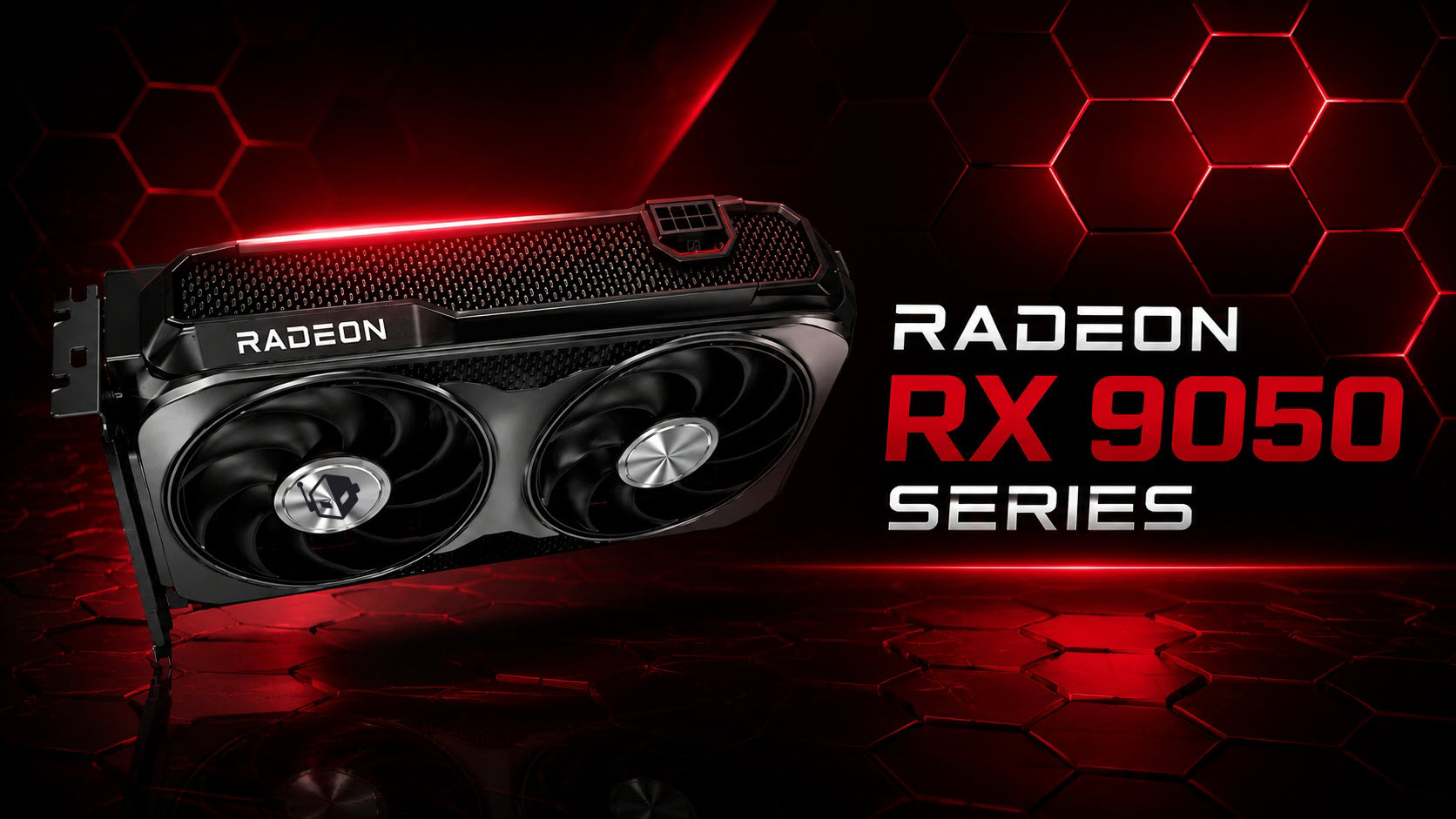 A close-up of an AMD Radeon RX 9050 graphics card with text 'RADEON RX 9050 SERIES' against a red hexagonal background.