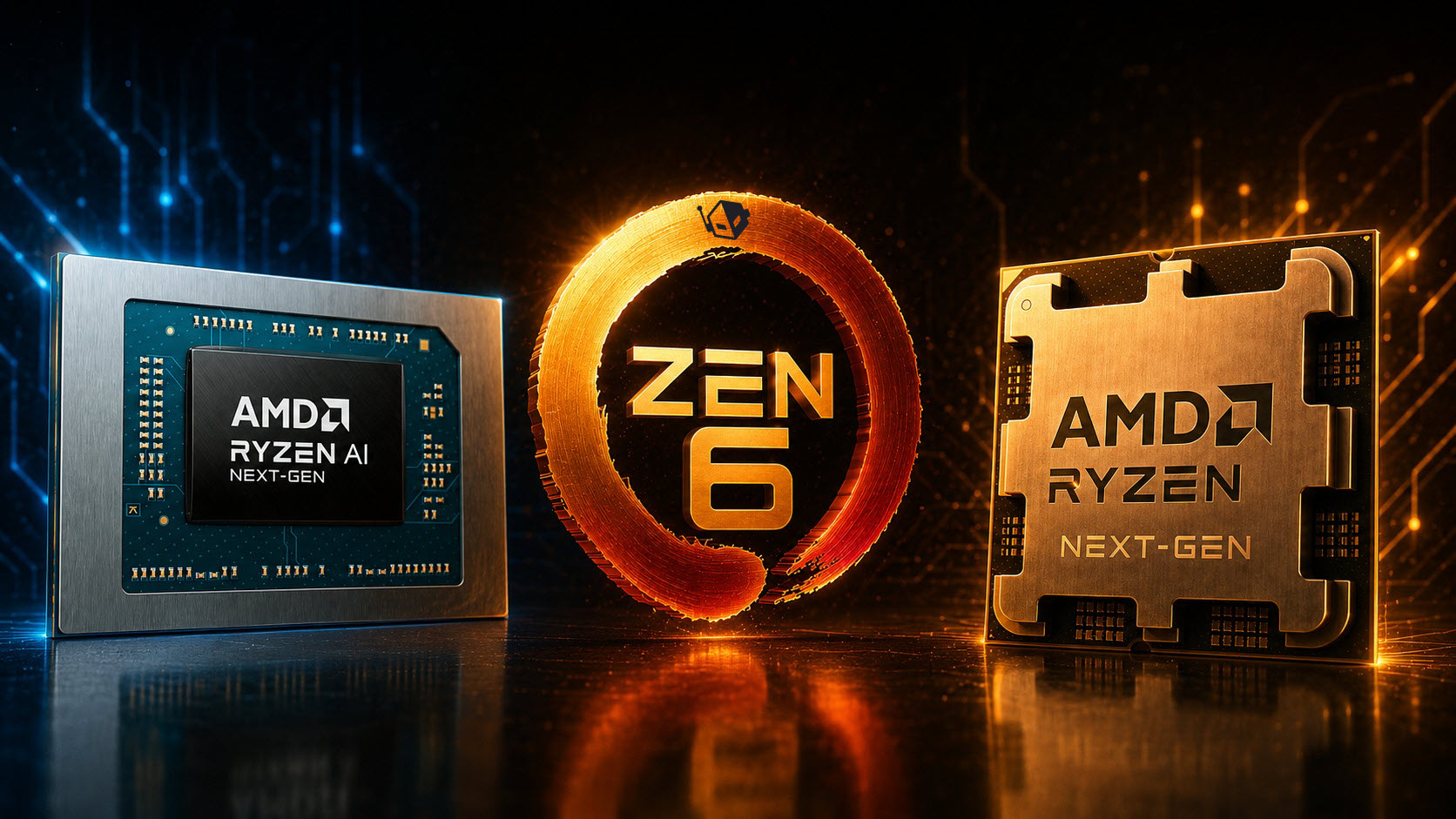 AMD Ryzen AI and Ryzen Next-Gen processors flank a large 'ZEN 6' logo.