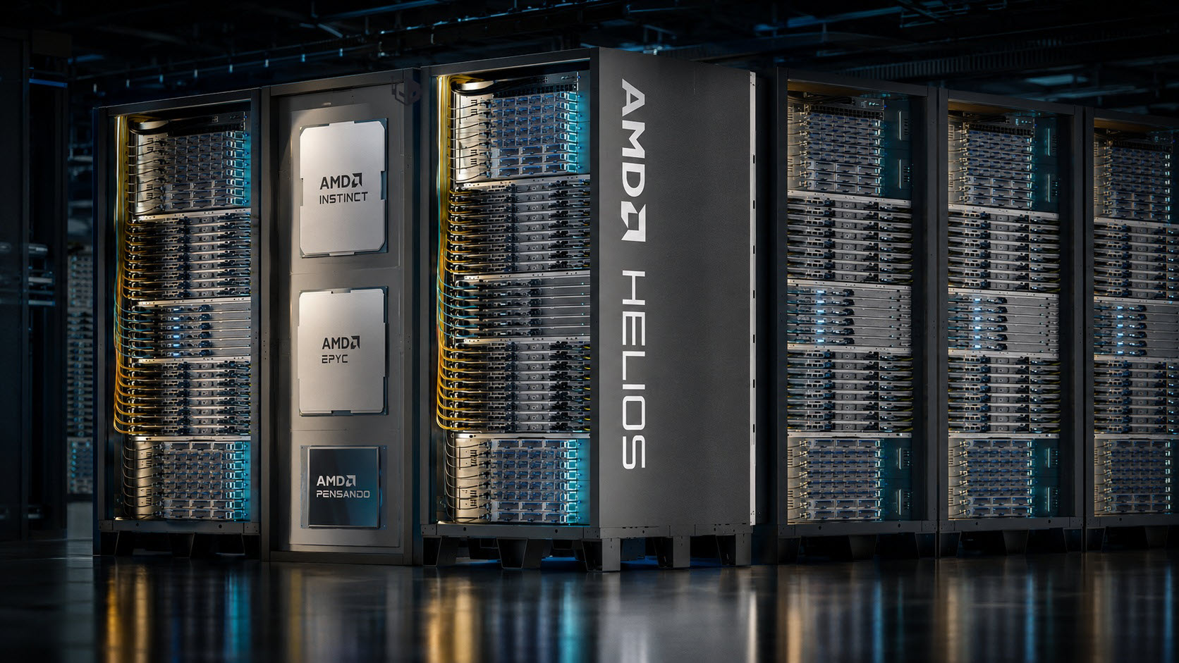 A server room features an AMD Helios system with visible 'AMD EPYC,' 'AMD INSTINCT,' and 'AMD PENSANDO' modules.