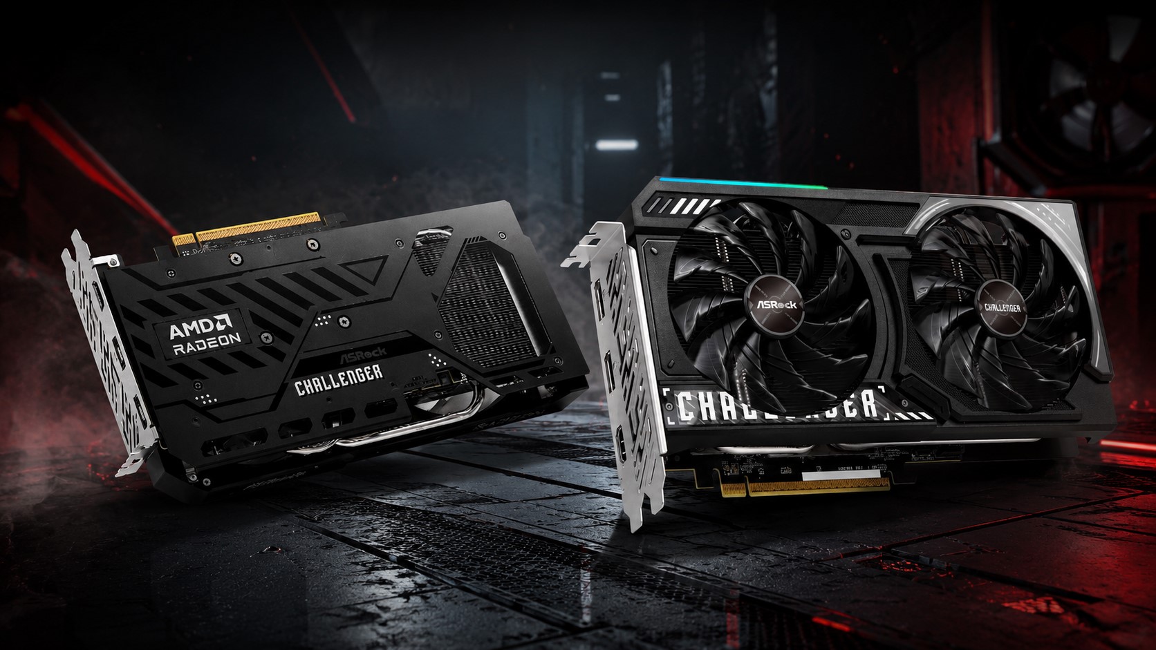 Two ASRock Challenger graphics cards, one displaying the AMD Radeon logo on the backplate, showcased in a dark, industrial setting.