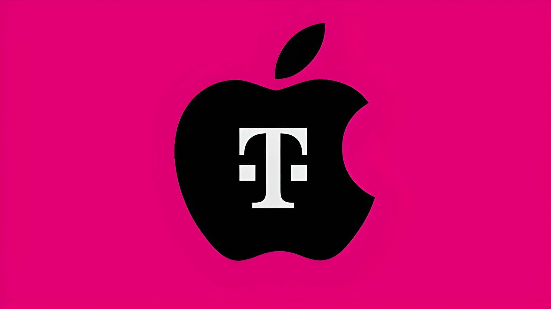 A composite logo featuring Apple's logo in black and overlaid with T-Mobile's 'T' logo against a bright pink background.