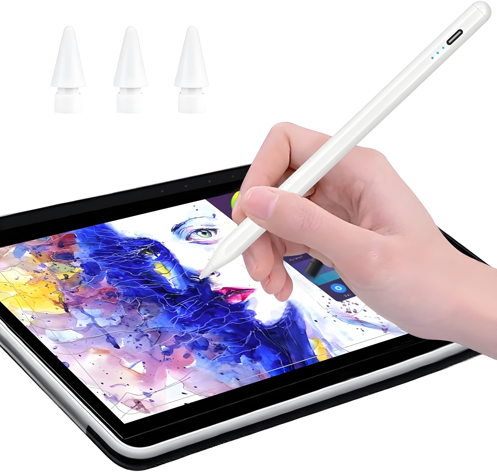 A hand uses a stylus pen on a tablet displaying digital art of a woman's face, with three additional stylus tips shown above.