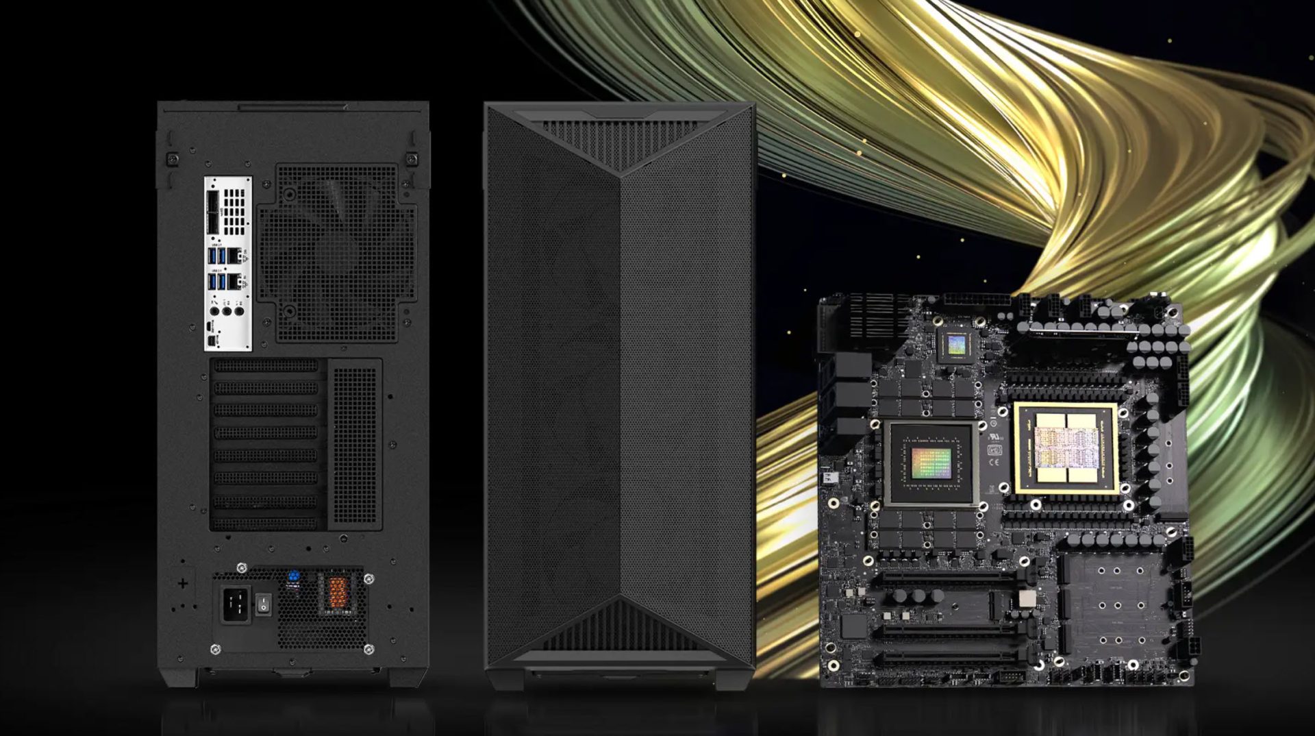 A computer case and motherboard are displayed against a swirling golden background, with visible ports and slots on the case and a complex circuit design on the motherboard.