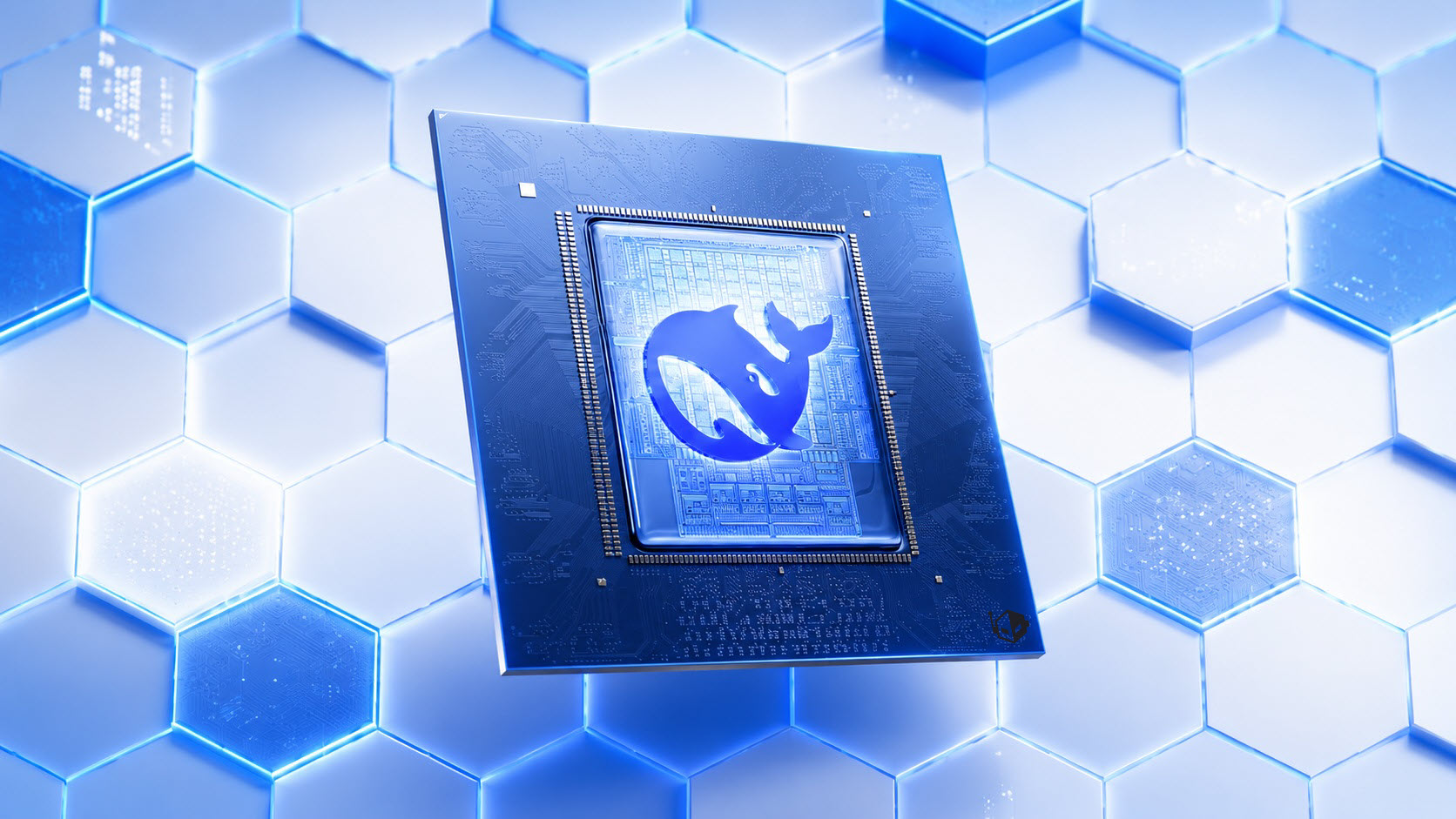 A rendition of a blue circuit board with a whale logo against a backdrop of glowing hexagonal tiles.