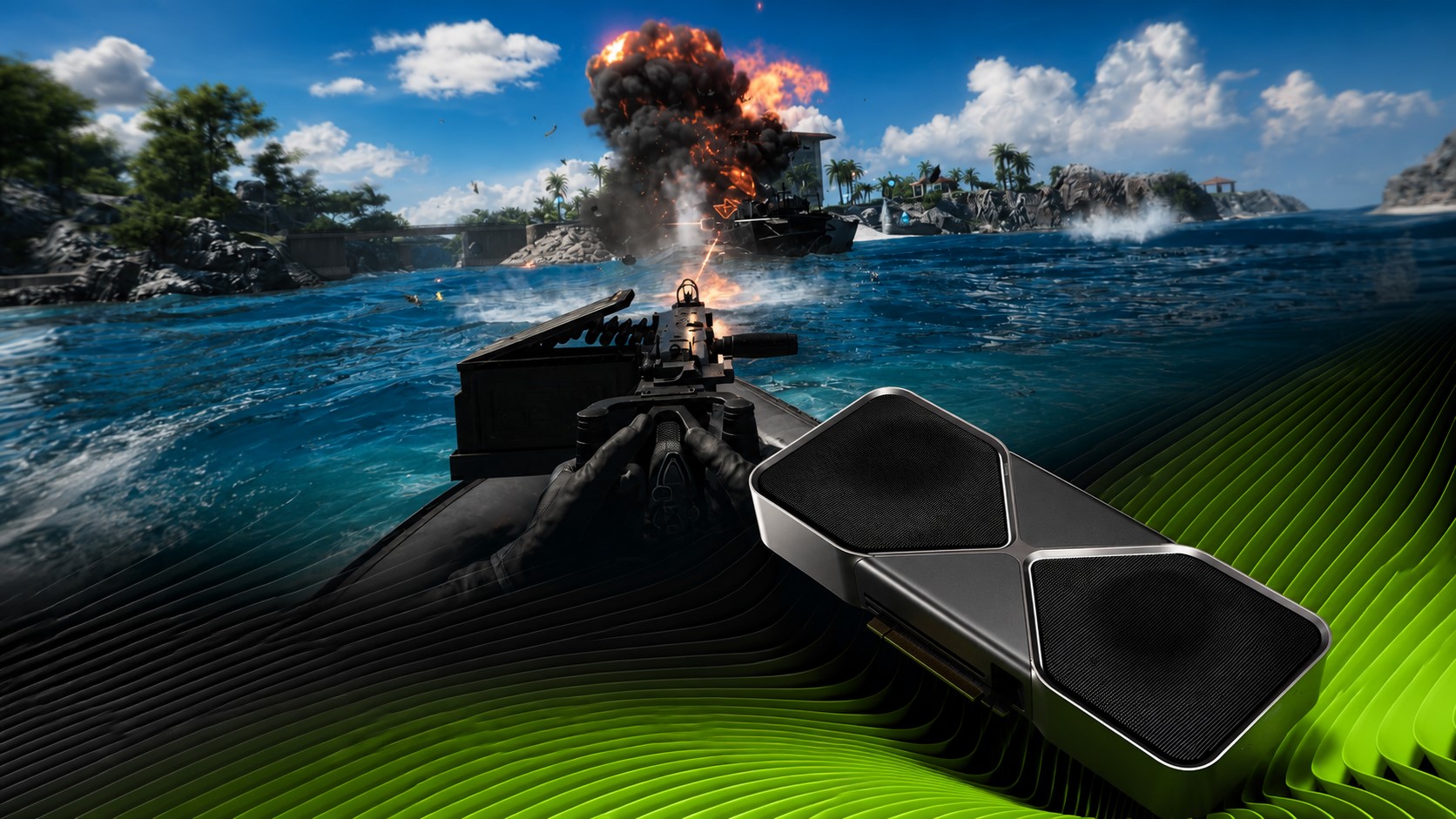 A first-person shooter game scene featuring a machine gun on a boat with a background explosion, overlaid with an NVIDIA graphics card on a green-black wave pattern.