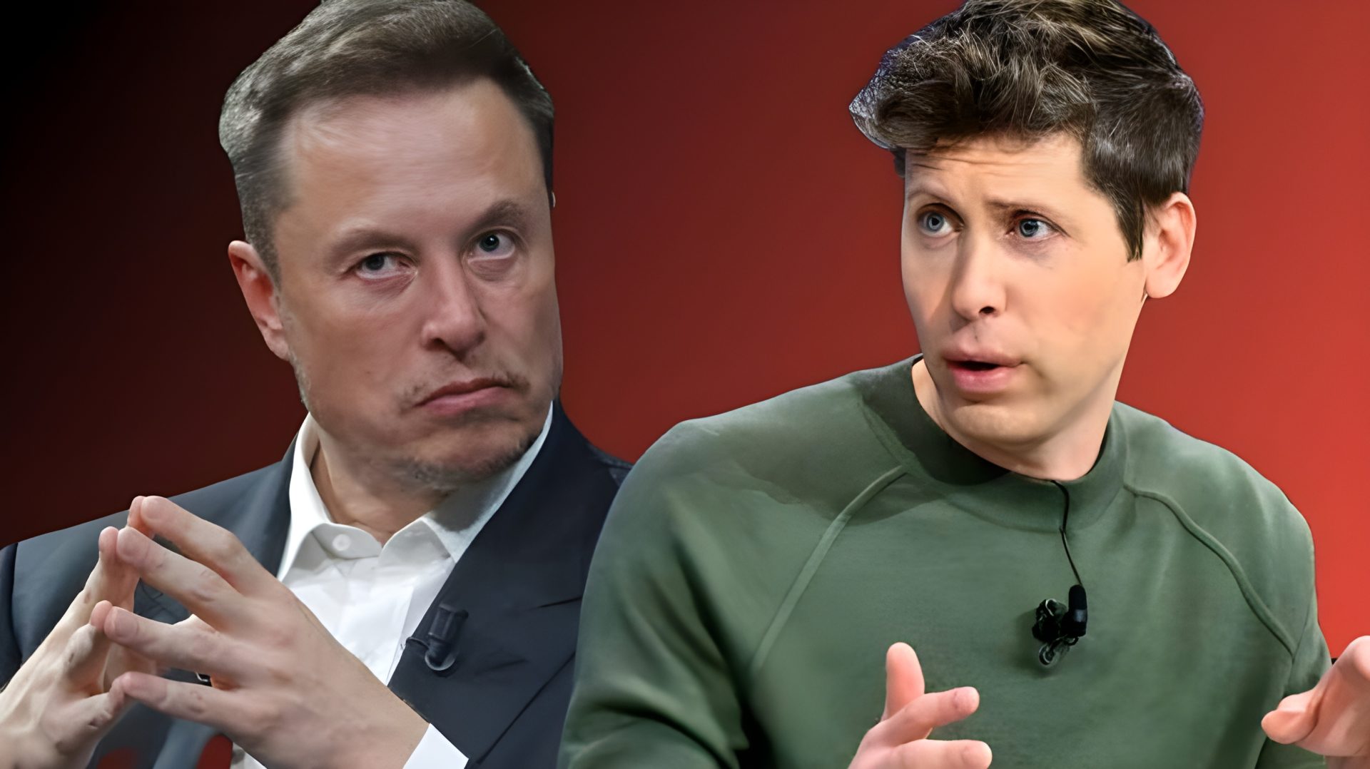 Two men in a discussion, both wearing microphones against a red background.