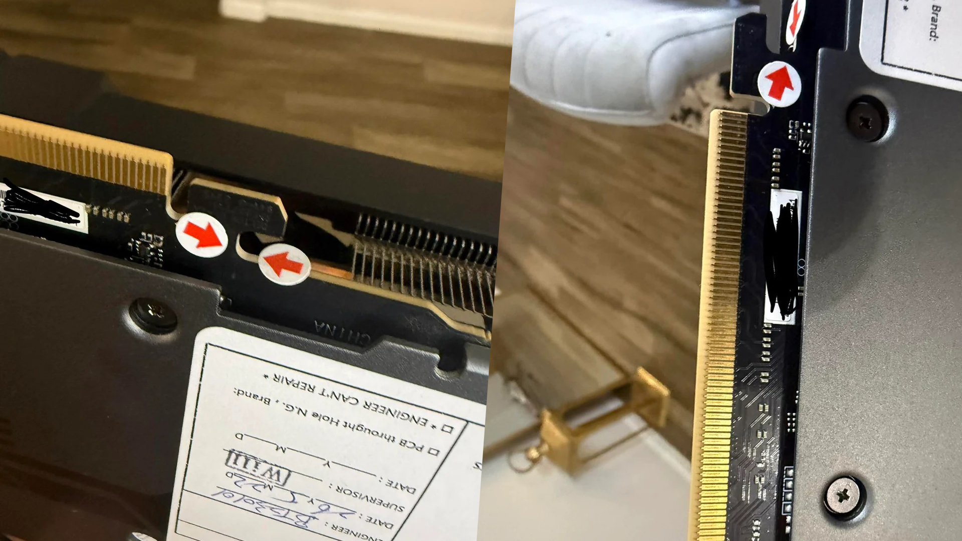 A close-up of a graphics card with two red arrow stickers indicating installation directions, and a partially visible label showing 'ENGINEER’ and '7+7 NV20.'