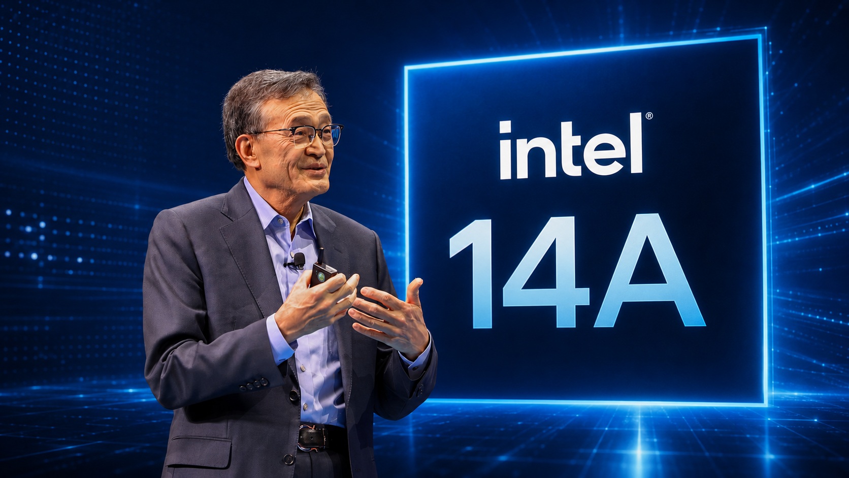 A person presenting in front of a large screen displaying the text 'intel 14A.'