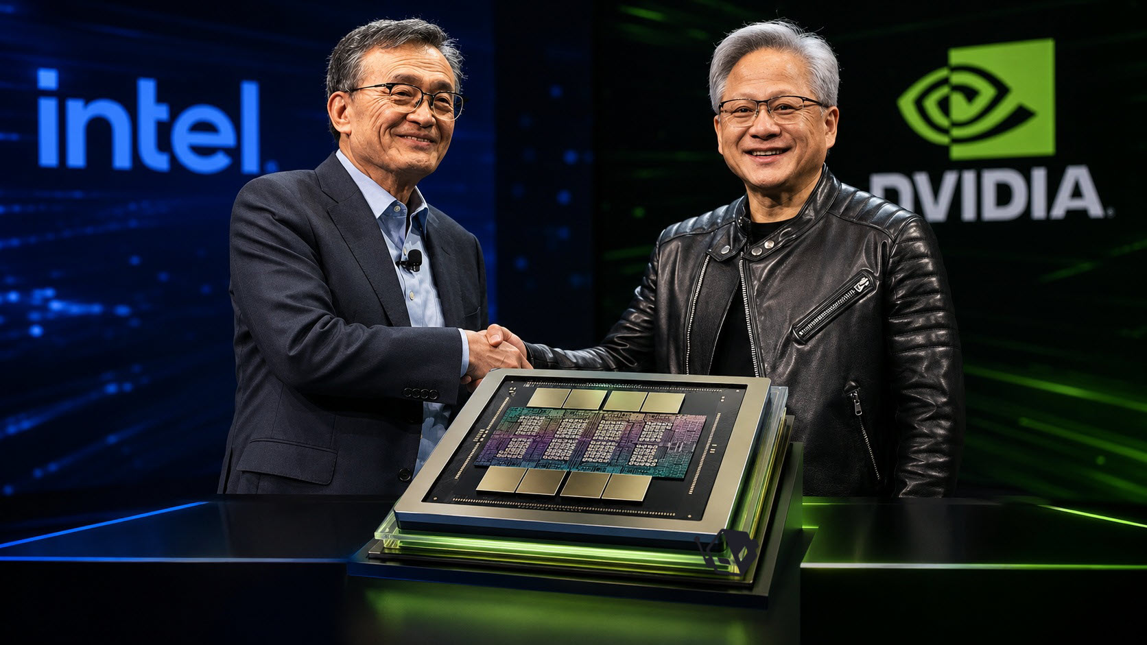 Two executives shake hands in front of a chip, with 'intel' and 'NVIDIA' logos prominently displayed in the background.