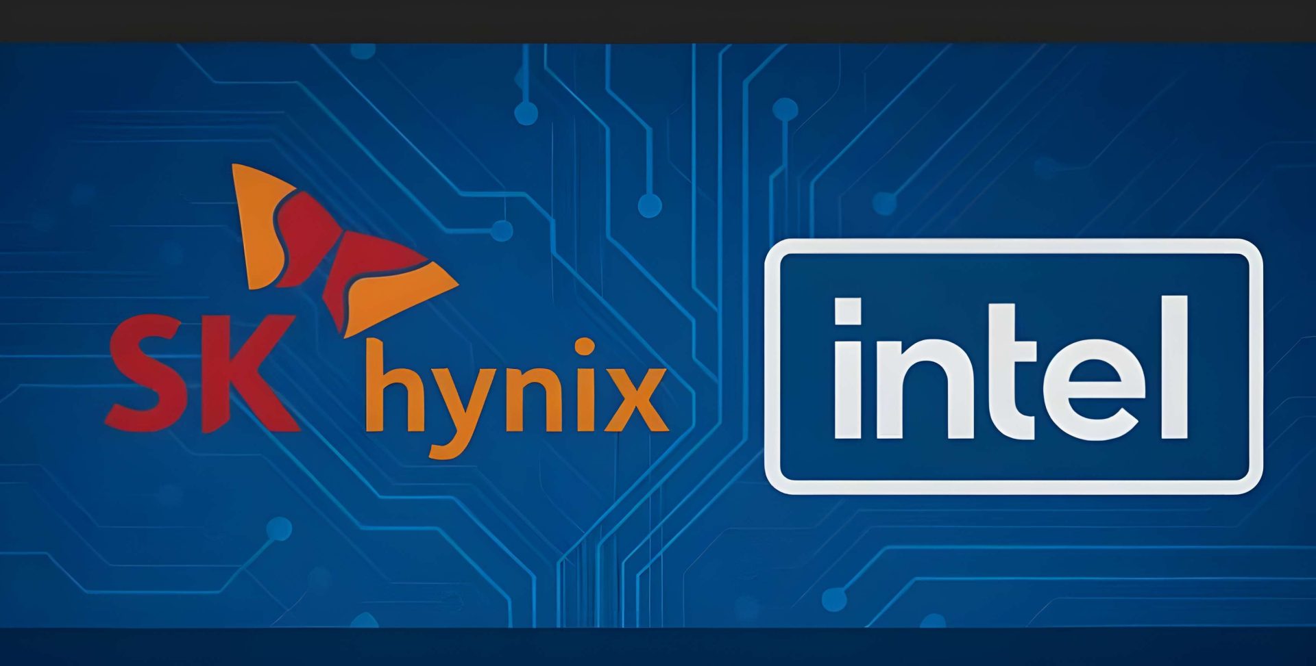 Logos of SK Hynix and Intel on a blue circuit-themed background.