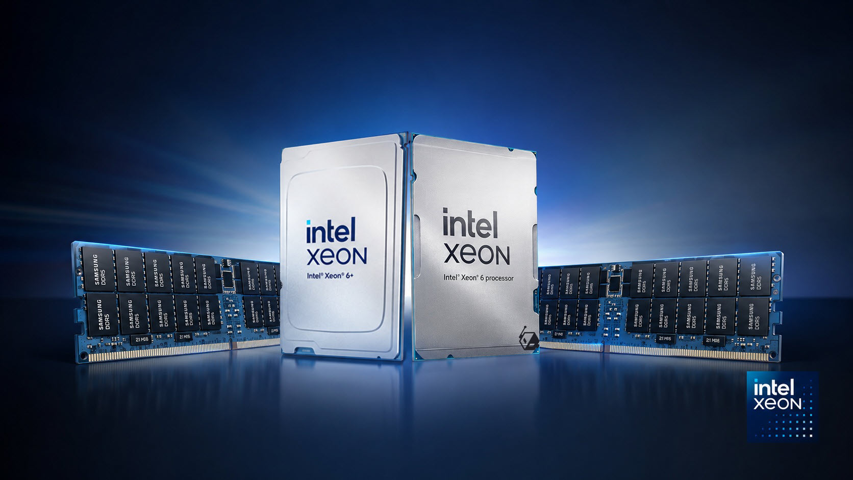 Intel Xeon 6 and 6+ processors are displayed alongside Samsung DDR5 memory modules.