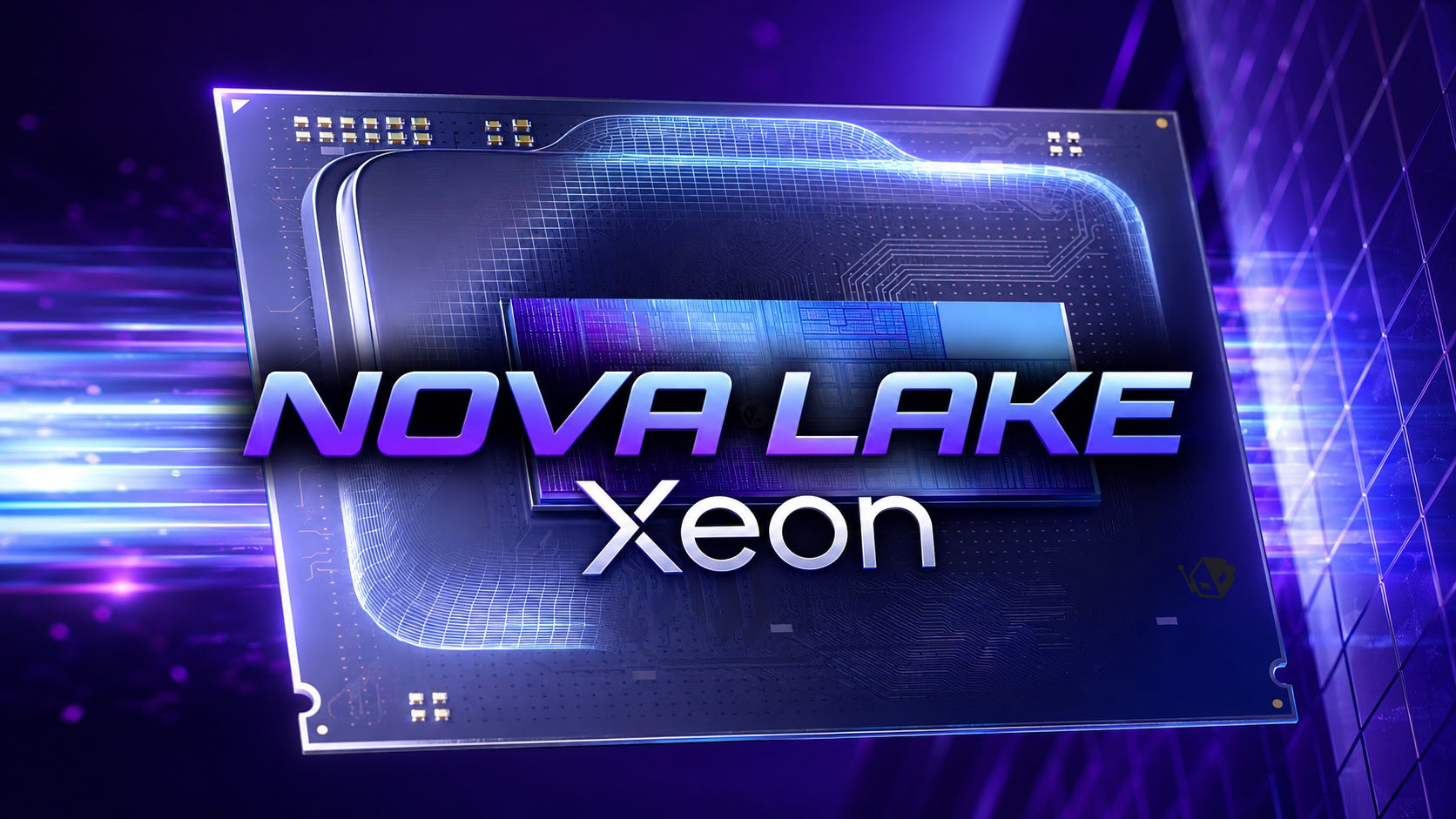 An illustration of the Intel Nova Lake Xeon processor with a futuristic design and digital circuitry background.