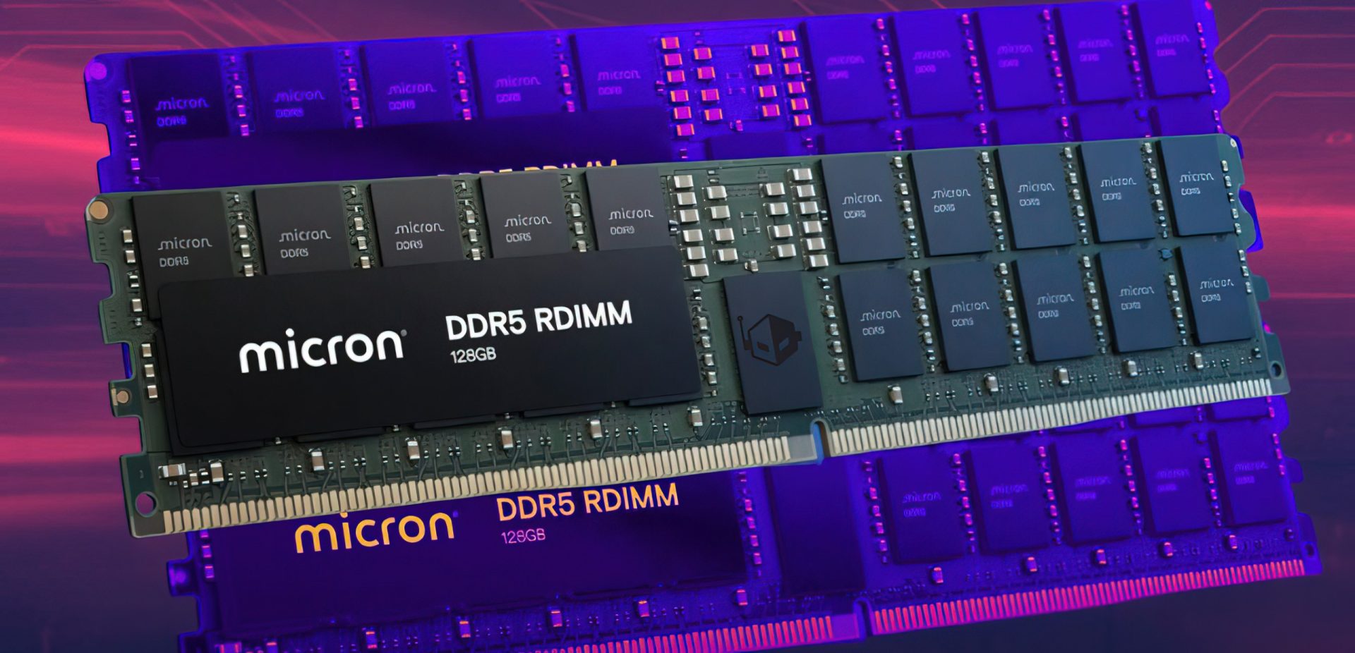 A close-up of Micron DDR5 RDIMM 128GB memory modules with visible branding and circuit components.