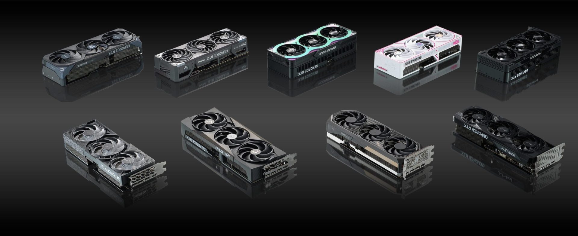 An array of NVIDIA GeForce RTX graphics cards from brands like Gigabyte, GALAX, MSI, and PNY, featuring triple-fan designs on a reflective black surface.