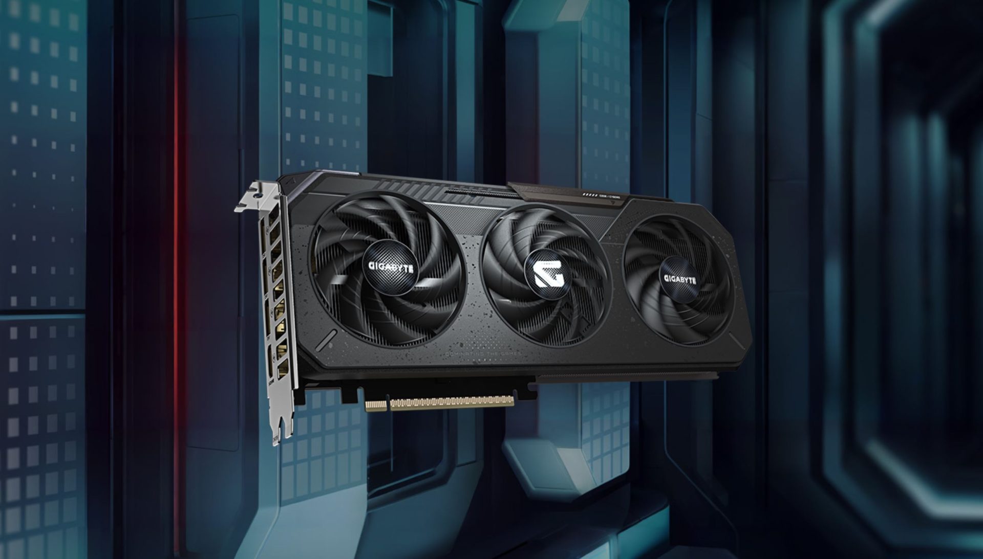 A Gigabyte graphics card with three fans is displayed against a futuristic background, showing its PCIe connector and multiple display ports.