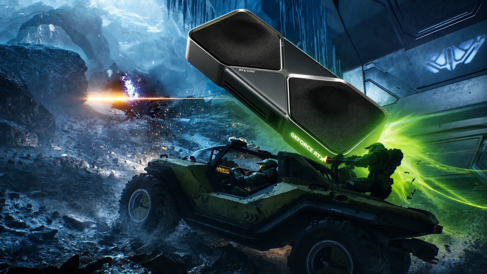 A graphic showing a NVIDIA GeForce RTX 5090 hovering above a scene from a video game, with a soldier in green armor driving a military buggy through an icy cave while firing a weapon.