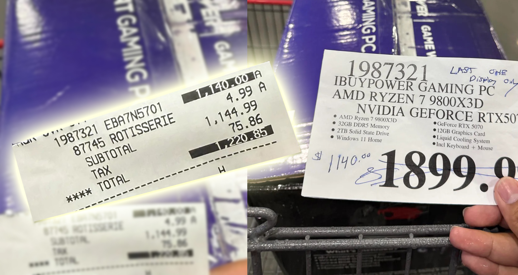 A label for an iBUYPOWER Gaming PC with AMD Ryzen 7 9800X3D and NVIDIA GeForce RTX 5070 is seen, alongside a receipt showing 'ROTISSERIE' for $4.99 and a subtotal of $1,144.99.