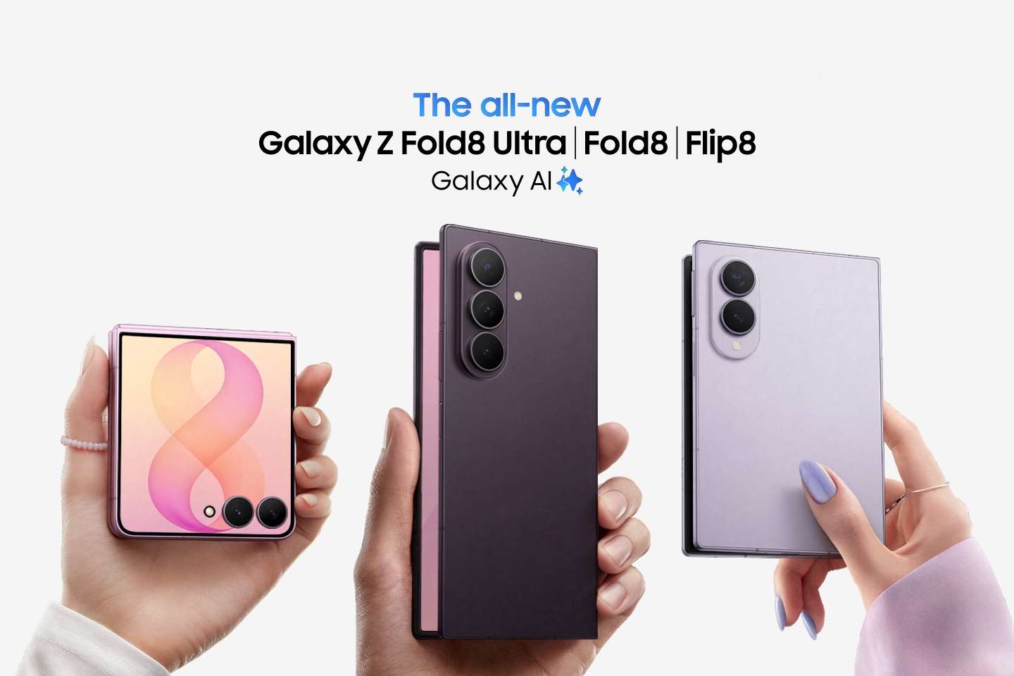 Three smartphones are displayed: a folded Samsung Galaxy Z Flip8 with a pink graphic on the screen, an unfolded Samsung Galaxy Z Fold8 Ultra in black, and a closed purple Samsung Galaxy Z Fold8.