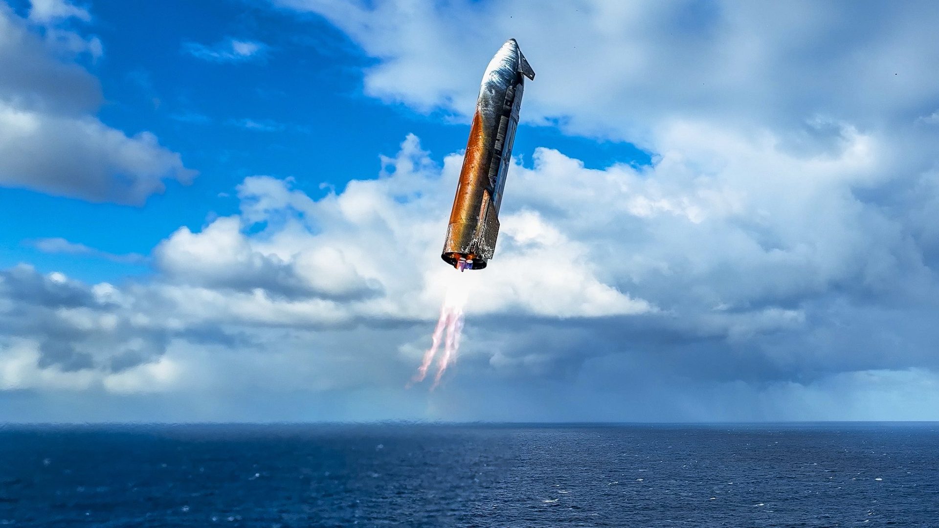 SpaceX Starship SN10 during a flight test over the ocean.