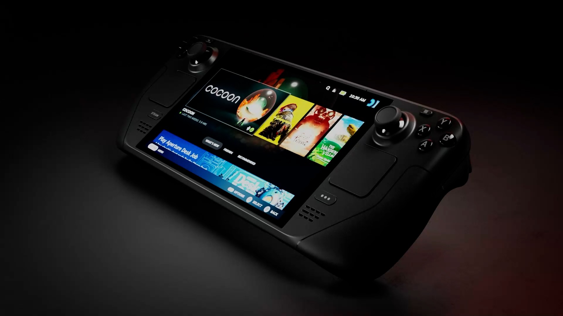 A Steam Deck handheld gaming console displaying the game selection menu, featuring the game Cocoon on its screen.