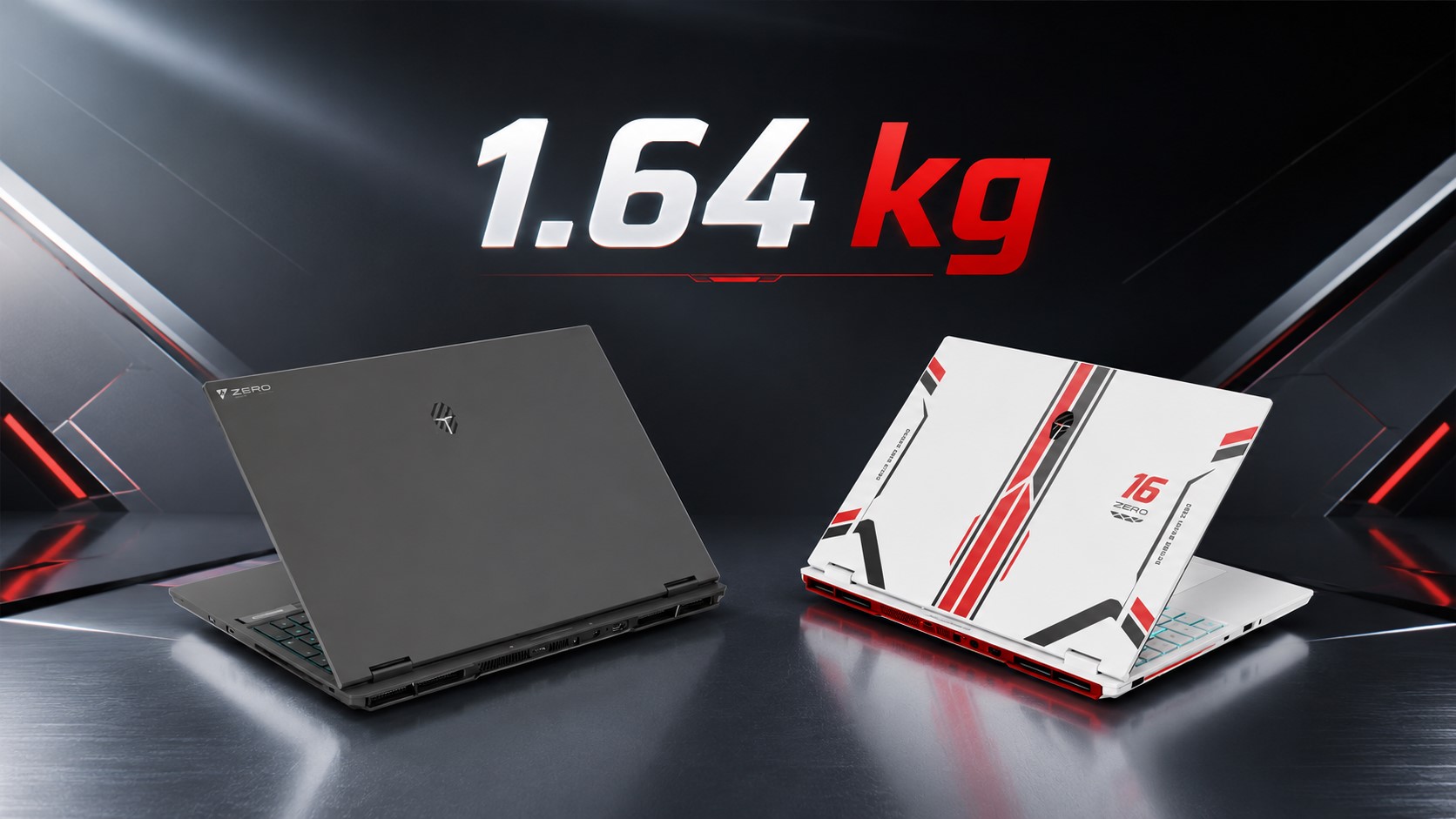 Two laptops, one black and one white with red accents, are displayed with the brand name Zero visible on the left and the text '1.64 kg' prominently above them.