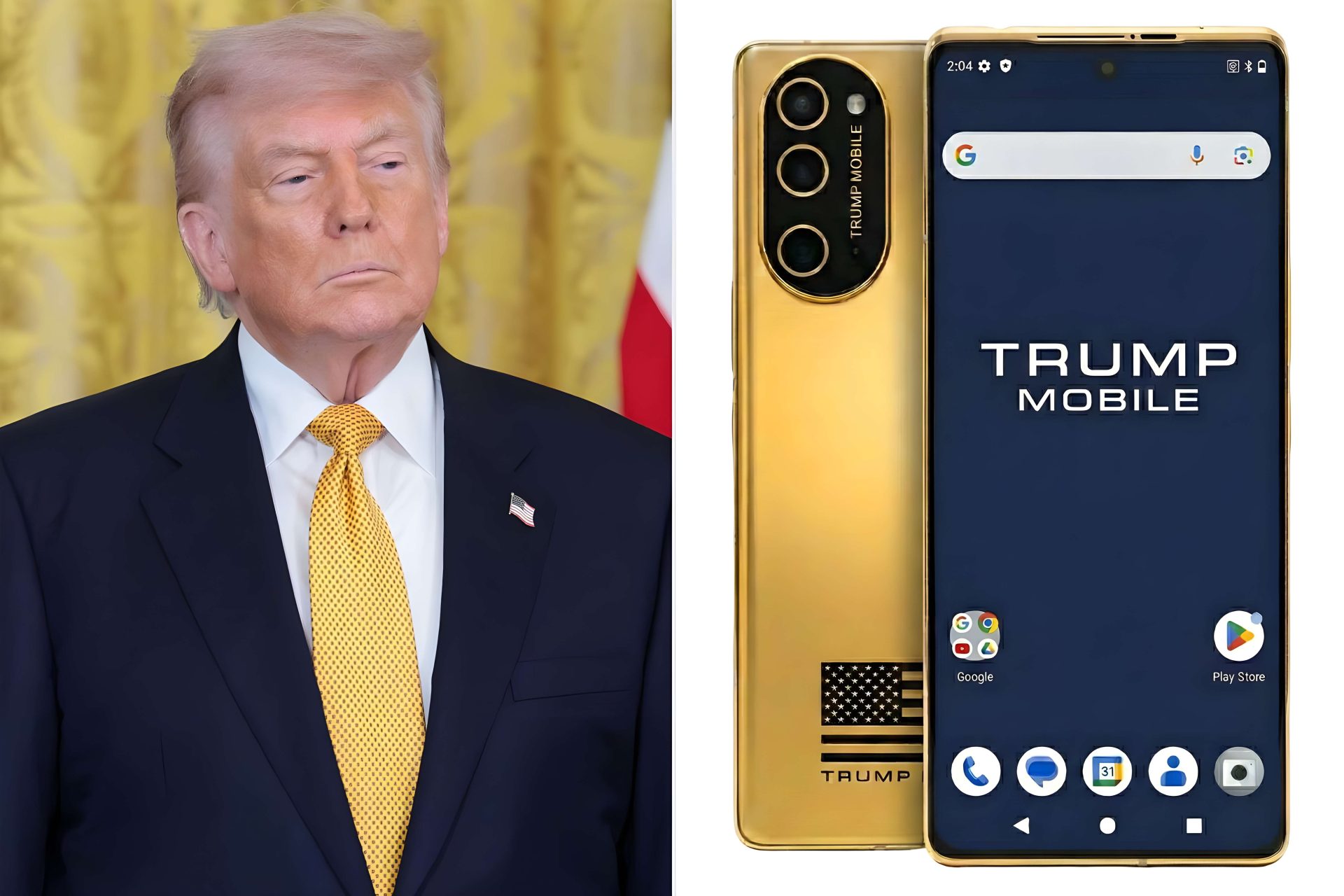 A gold smartphone labeled 'TRUMP MOBILE' is displayed beside an unidentified person in a suit.