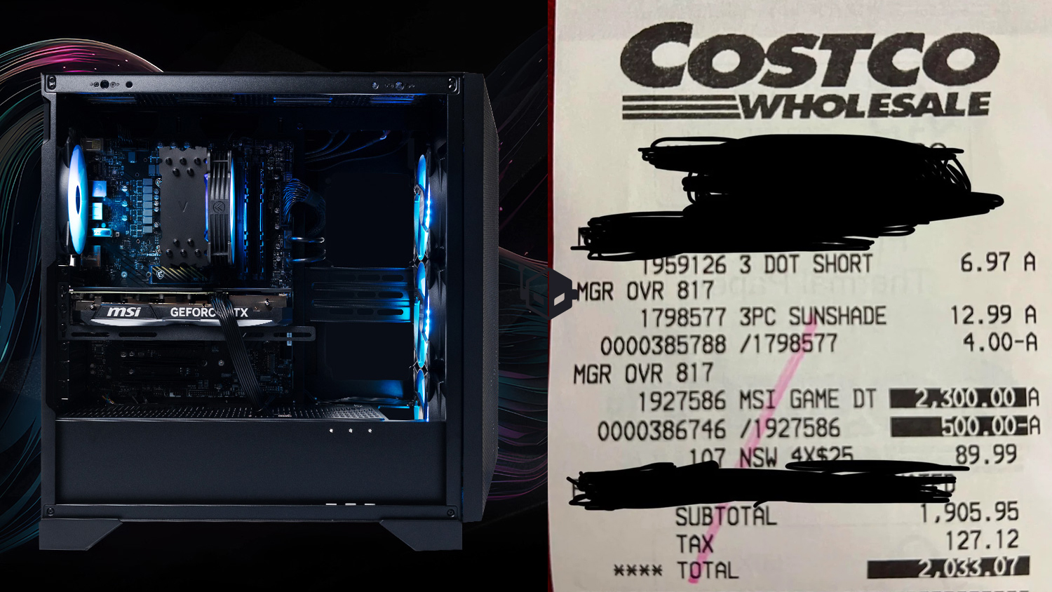 A computer case with an MSI GeForce RTX GPU is shown next to a Costco receipt listing an MSI GAME DT for $2,300.00.