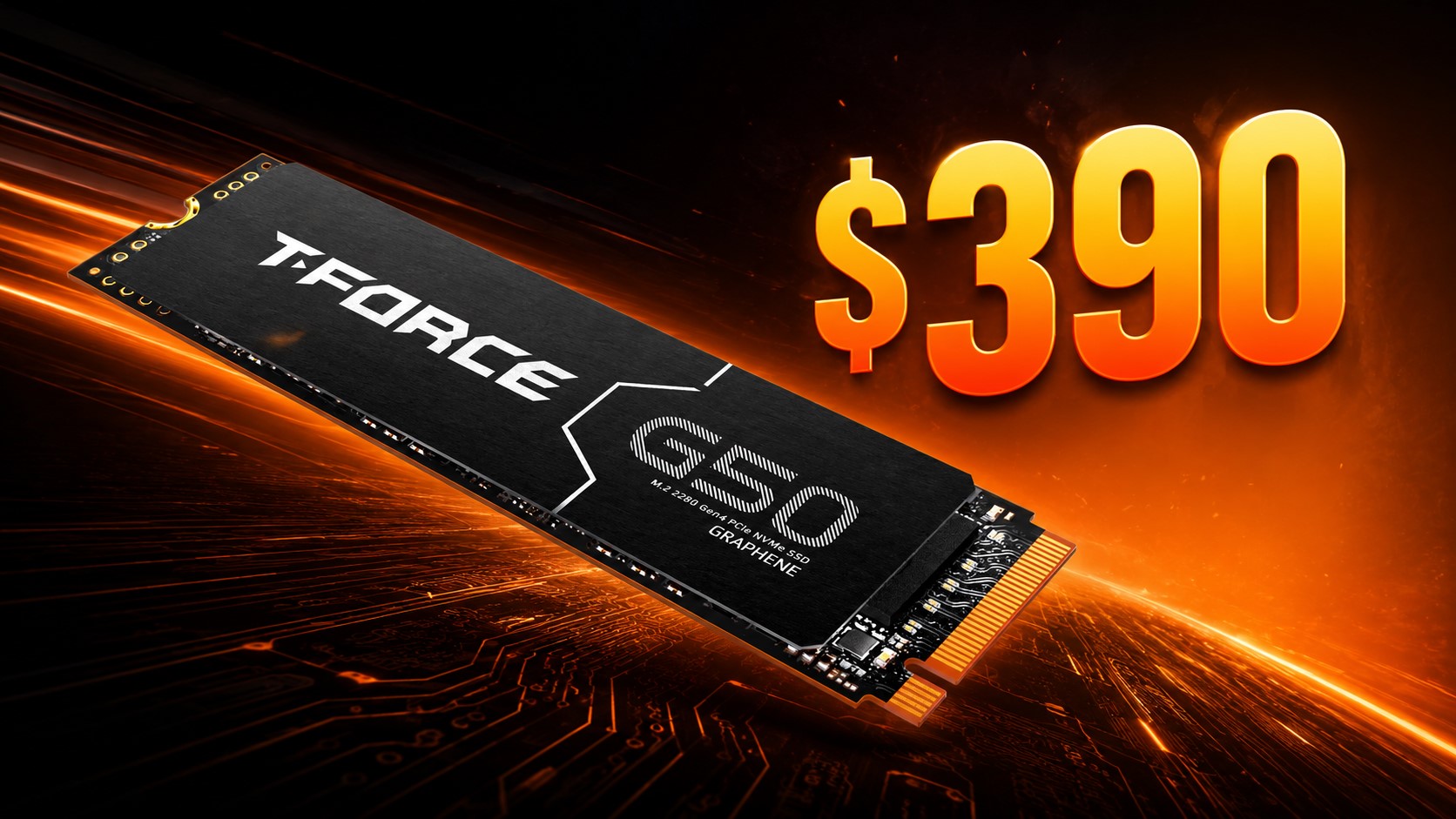 A T-Force G50 M.2 2280 Gen4 PCIe NVMe SSD is displayed with a price tag of '$390'.