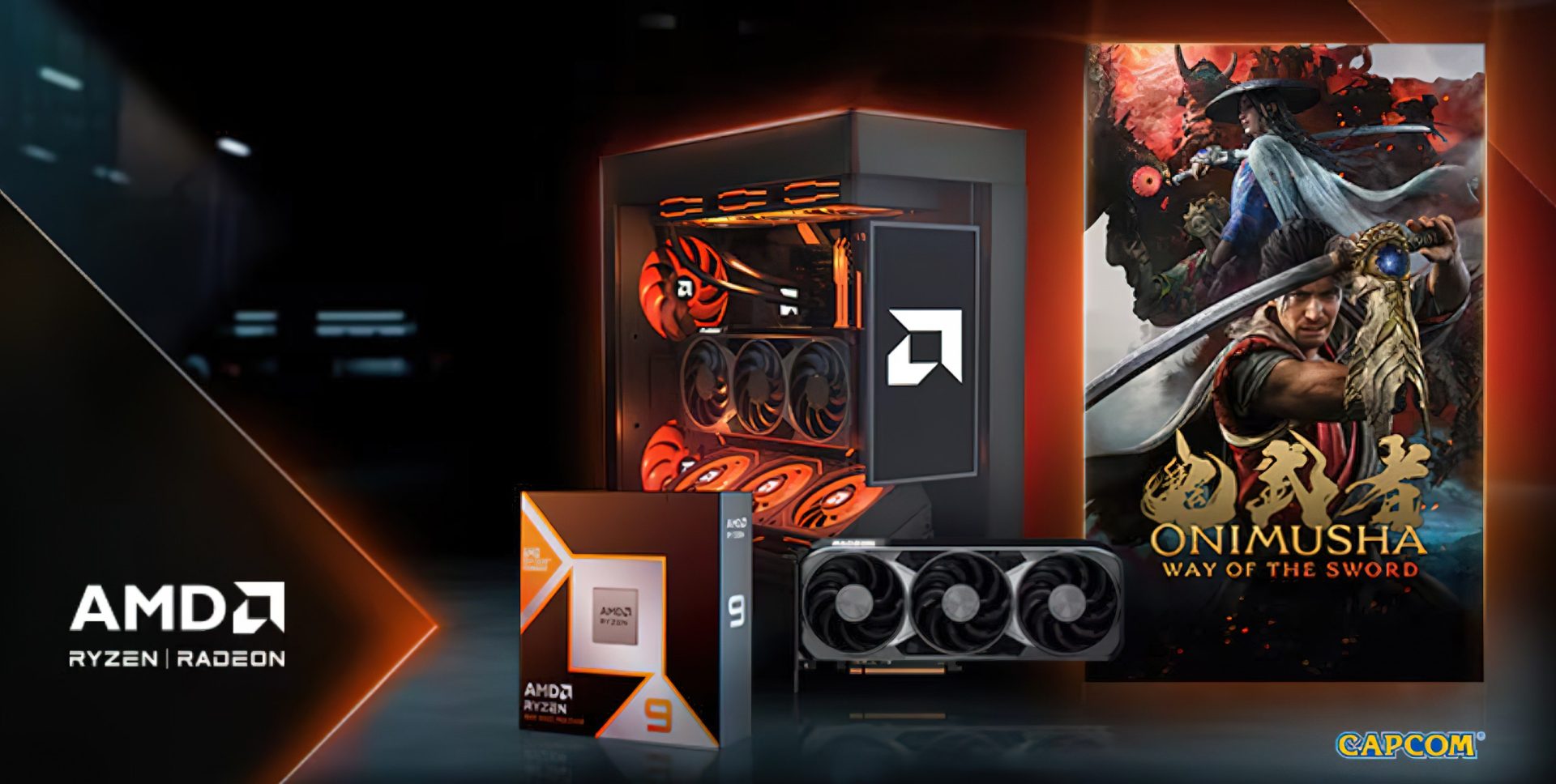 An AMD Ryzen 9 CPU box and graphics card are displayed next to an illuminated gaming PC in front of a poster for Capcom's game 'Onimusha: Way of the Sword'.