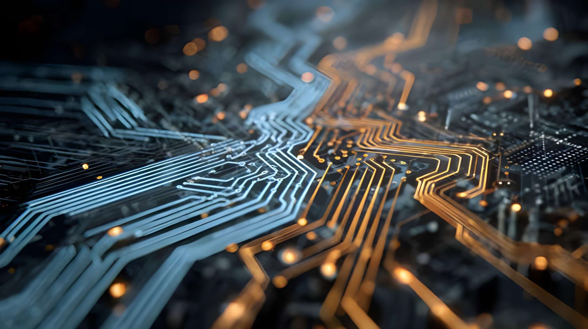 A close-up view of an intricate circuit board with orange and blue pathways illuminated by small glowing lights.