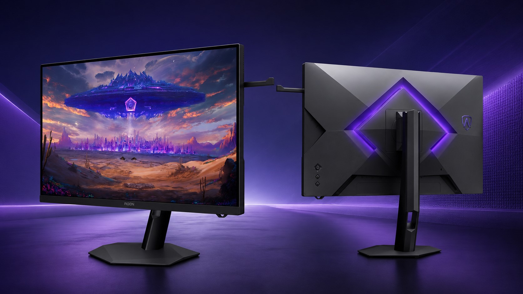 A gaming monitor by AGON displays a vibrant sci-fi landscape, with its sleek, illuminated back design visible.