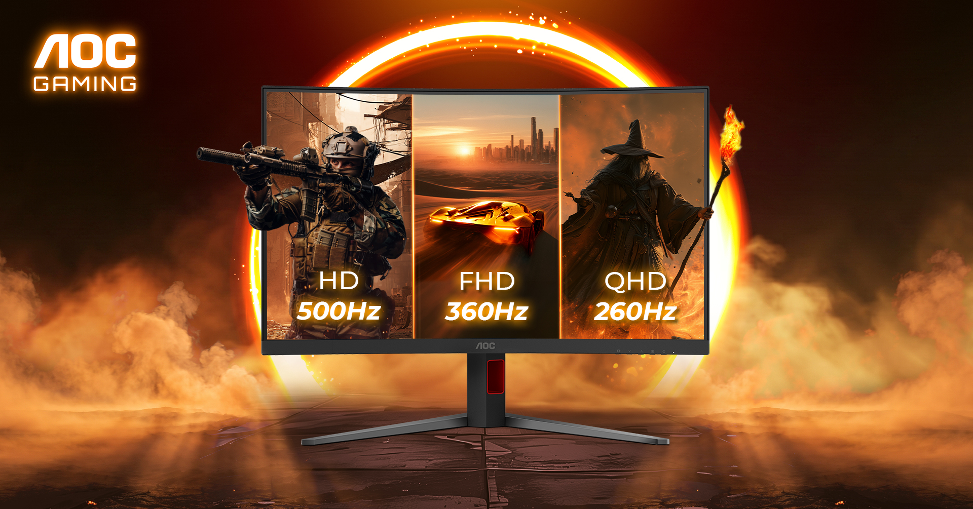 An AOC Gaming monitor displays three images with text: 'HD 500Hz,' 'FHD 360Hz,' and 'QHD 260Hz,' showing a soldier, a sports car, and a wizard respectively.
