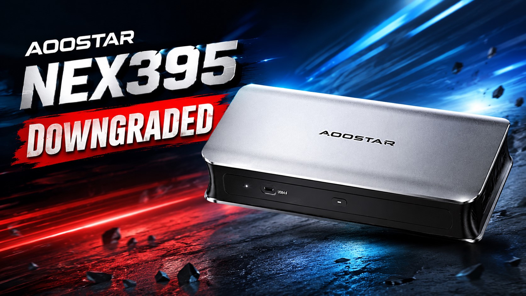 A silver AOOSTAR NEX395 device is shown with the text 'DOWNGRADED' in bold lettering beside it.