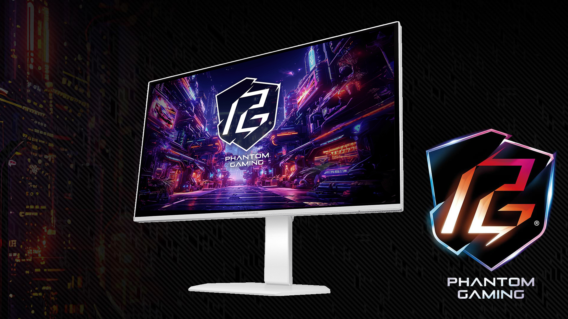 A monitor displaying a futuristic cityscape with a 'Phantom Gaming' logo, accompanied by a large 'Phantom Gaming' emblem on a dark background.