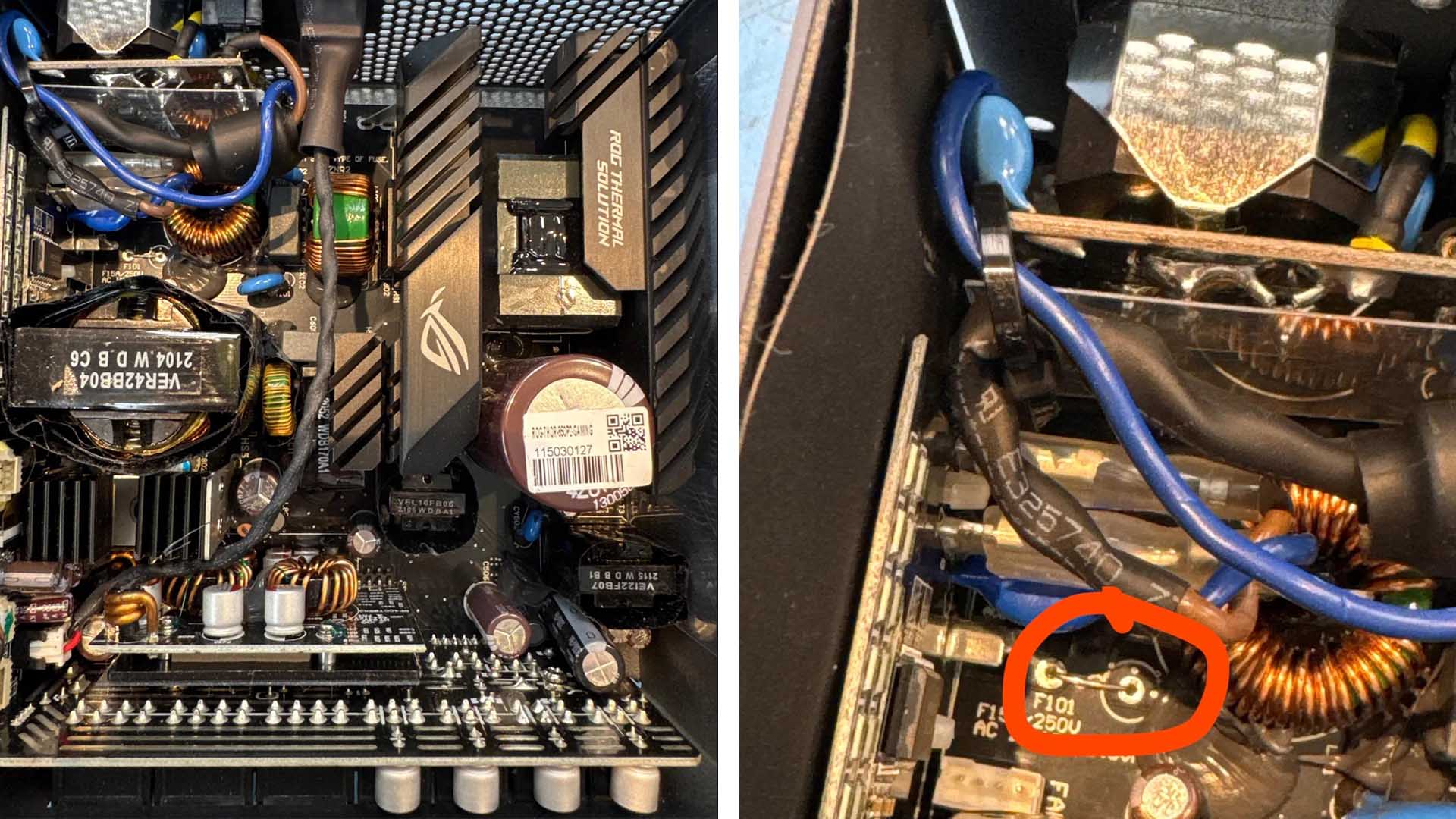 An ASUS ROG Strix PSU bypassed safety protocols when returning from RMA, causing a potential fire hazard